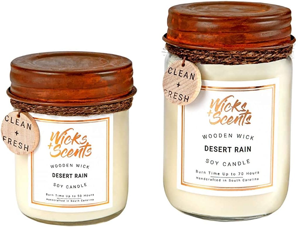 Desert Rain Wooden Wick Soy Candle - 12 oz Recycled Glass Jar with Rustic Lid - Burn Time Up to 70 Hours - Aromatherapy Oasis in a Jar