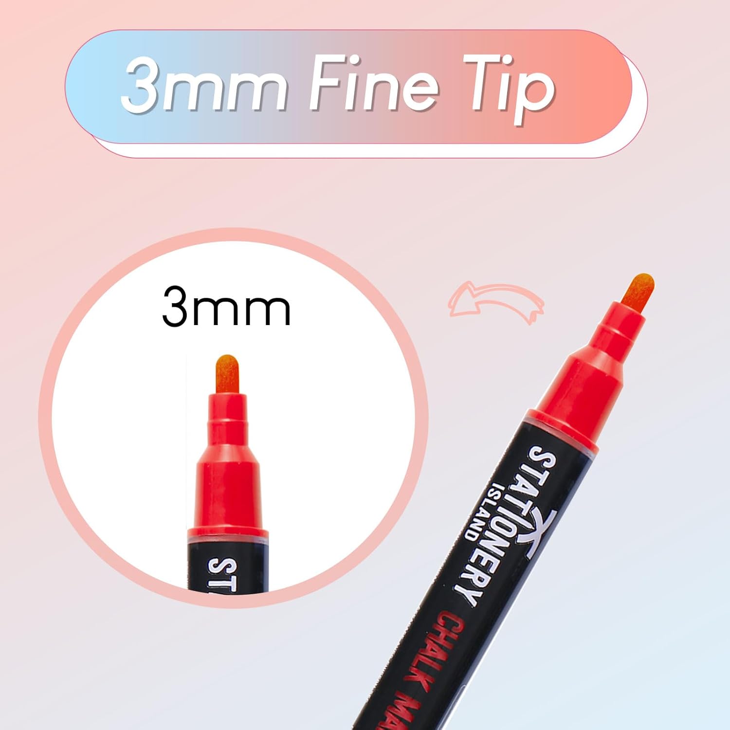 Close-up image of a red chalk pen highlighting its 3mm fine bullet tip.