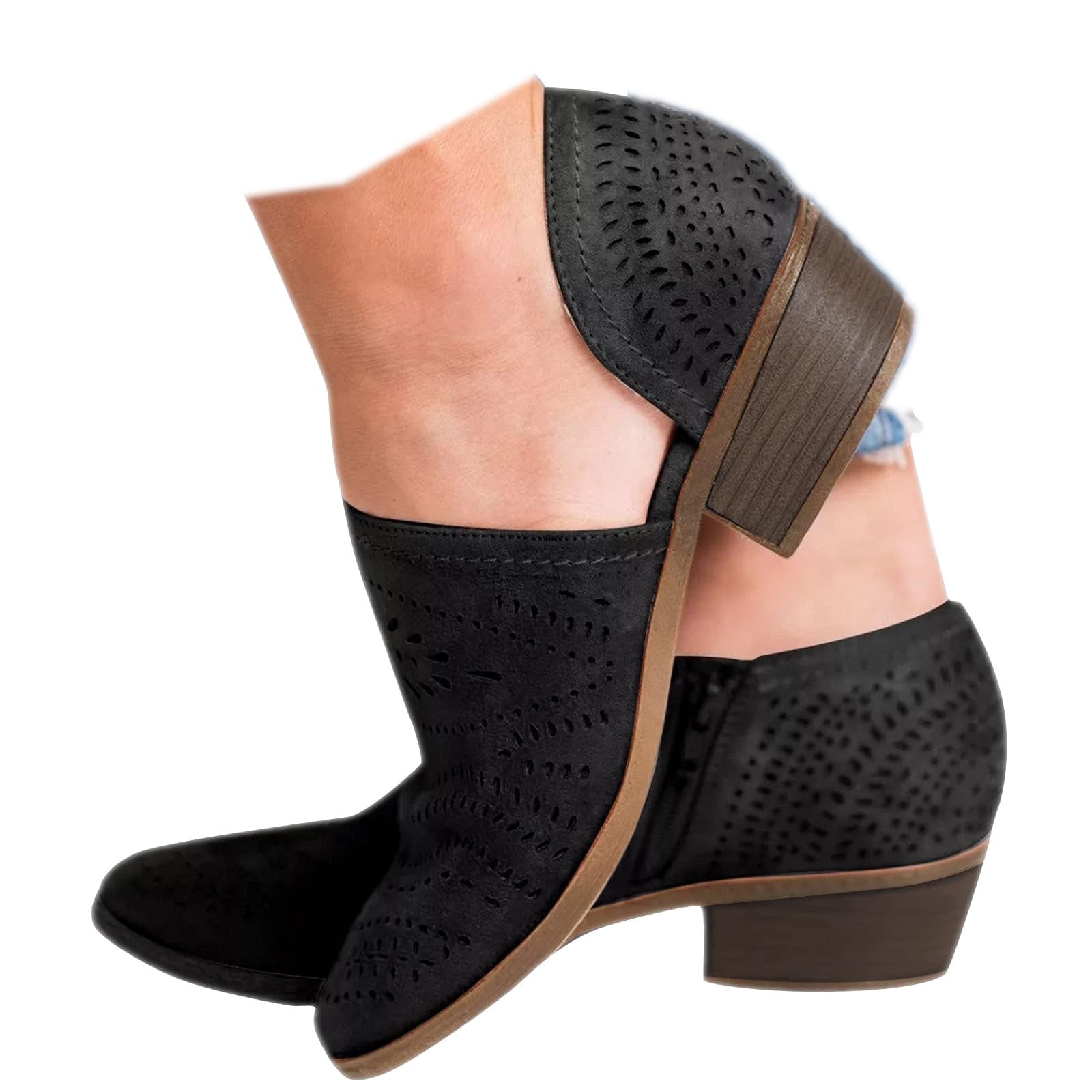 SACFOF Women's Ankle Boots Casual Cutout Booties Chunky Stacked Heel Perforated Side V Cut Western Shoes Slip-on Short Boots