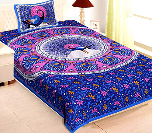 Image of Rajasthanikart 100% Cotton Jaipuri Traditional Bedsheet - Peacock Design (Single, Blue)