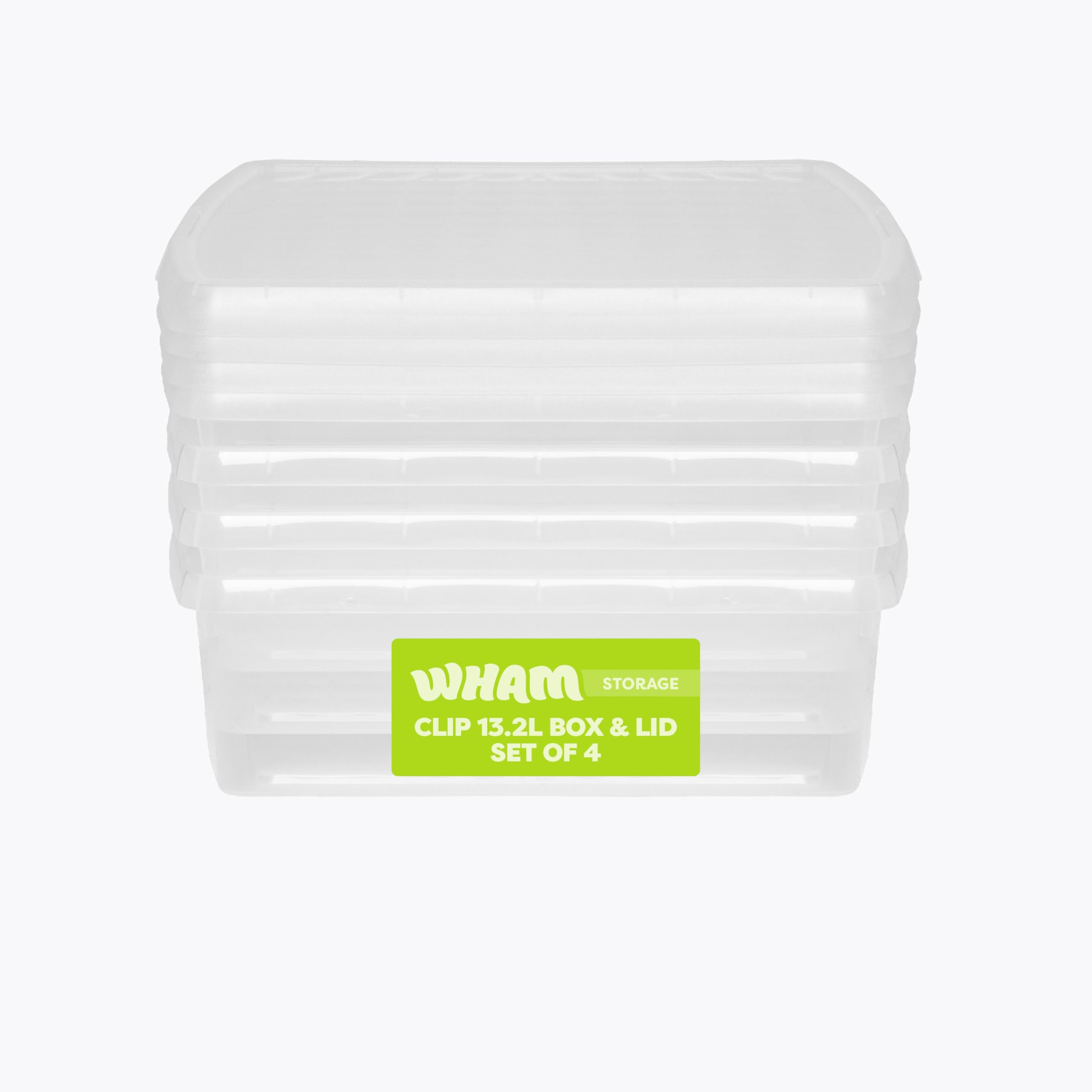 Wham Clip 4 x 13.2L Square Stackable Plastic Storage Boxes with Lids | Ideal for Home, Office, Toys & More | Storage Containers with Clip Locks | Made in UK - Clear/Clear