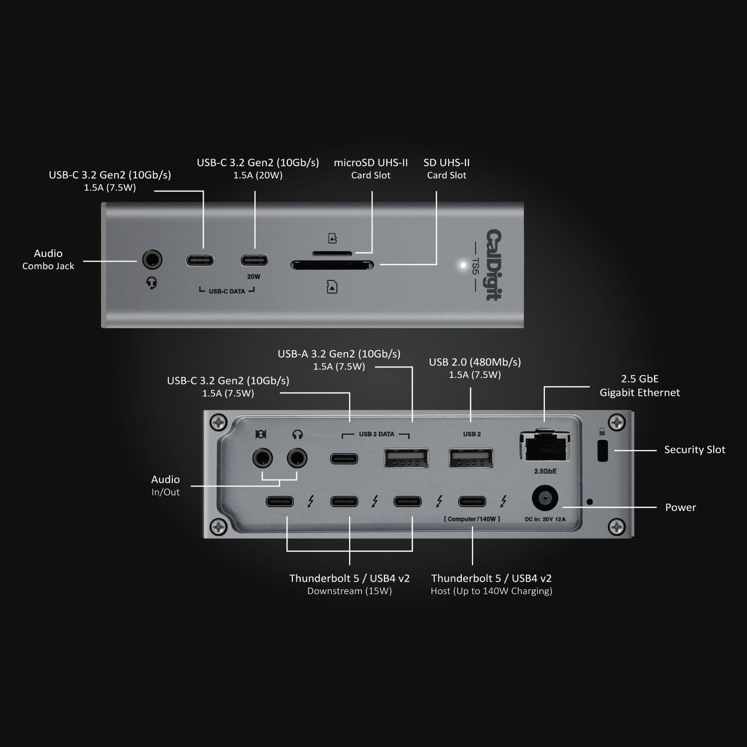 CalDigit TS5 - Dock Thunderbolt 5 - 15 porte, ricarica dedicata host 140W, Thunderbolt 5 80 Gb/s x4, USB-C 10 Gb/s x3, USB-A x2, 2.5 GbE, Dual 8K@60Hz, SD & microSD UHS-II, cavo intrecciato da 1 m