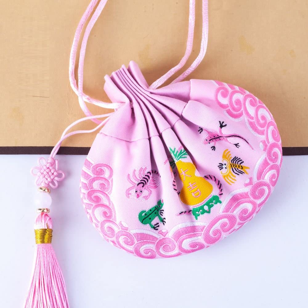 Jedwabne brokatowe torby na biżuterię, 4 szt. Chińskie puste saszetki ze sznurkiem do przechowywania biżuterii z frędzlami wielokolorowe(Pink)