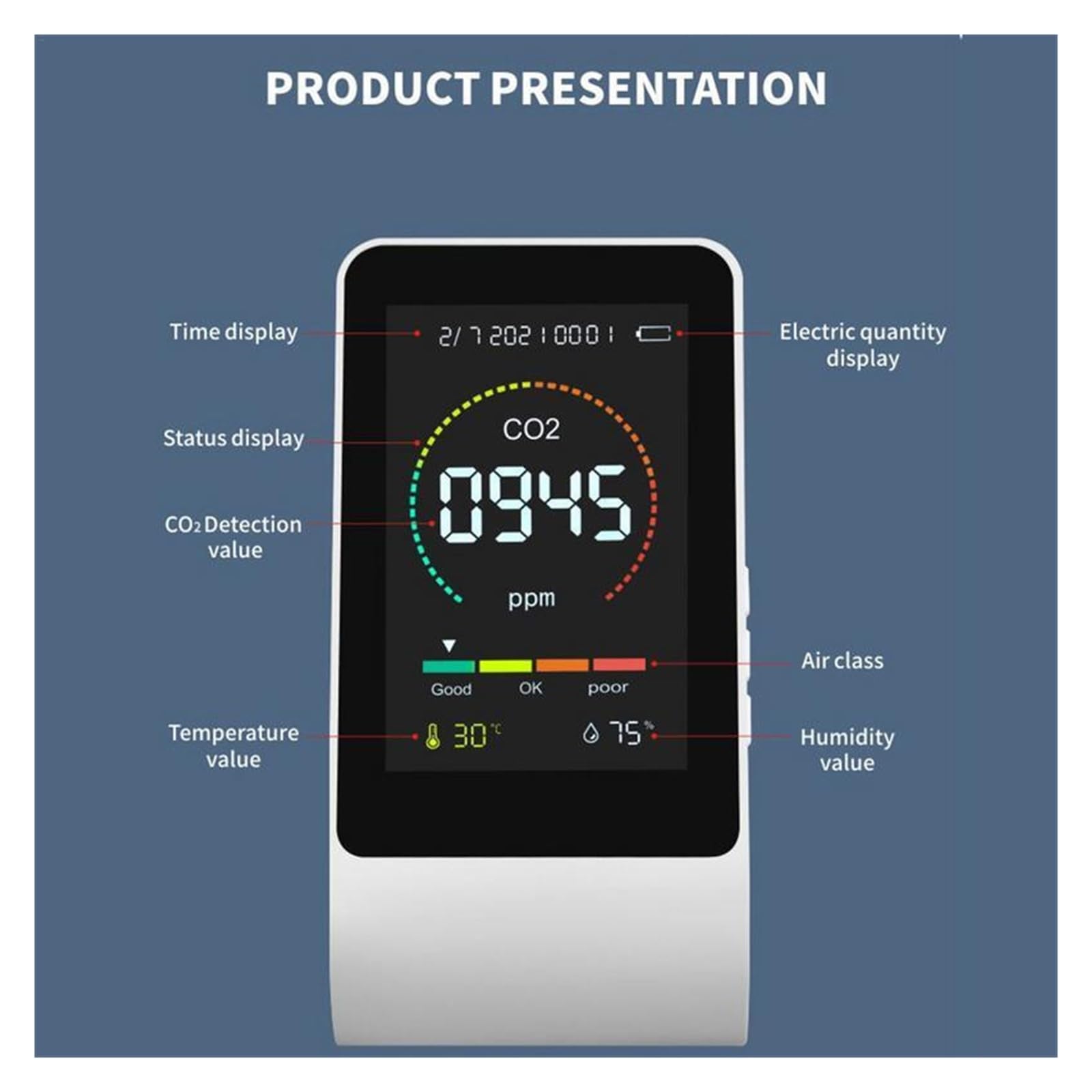 Misuratore Qualità dell'aria, Misuratore di CO2 3 In1 Monitor a qualità 'aria Tester del sensore di umidità a temperatura digitale Rilevatore di anidride carbonica portatile multifunzionale per Casa C