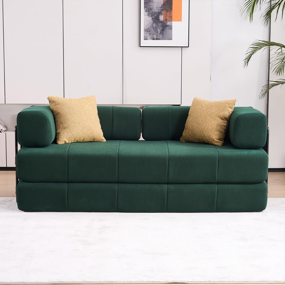 2-in-1 Multi Functional Couch,78.5" Corduroy 3 Seat Straight-Row Sofa with 2 Pillows,Modern Minimalist Style Folding Sofa Bed for Apartment,Living Room,Office,Reception Area,Green