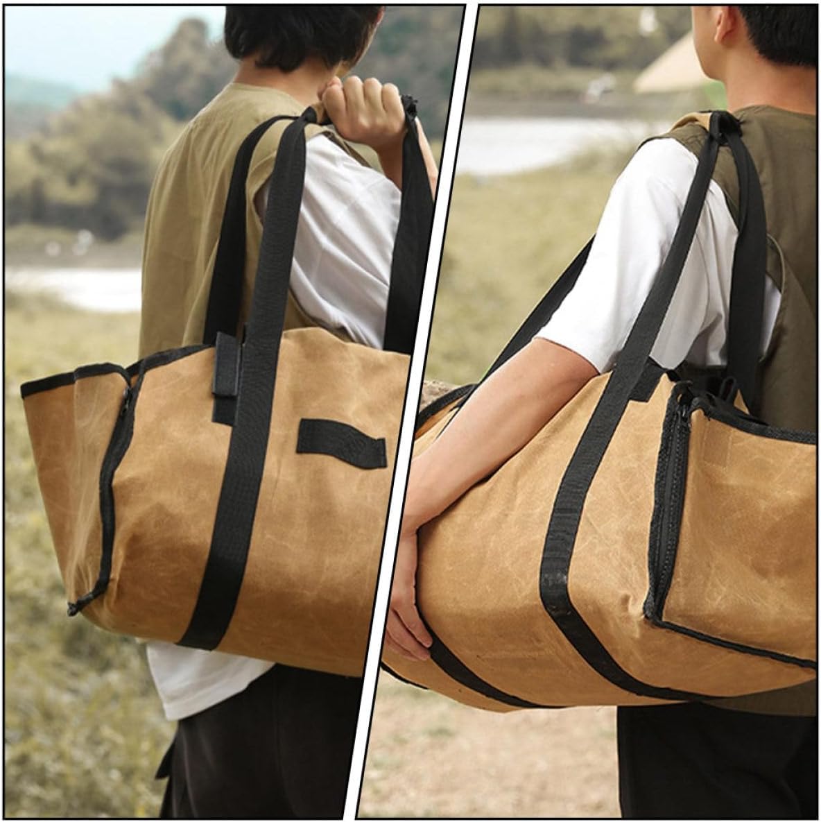 Large-Capacity Firewood Carry Bag Canvas Wood Carrier Tote with Handles for Outdoor Camping and Fireplace Log Storage