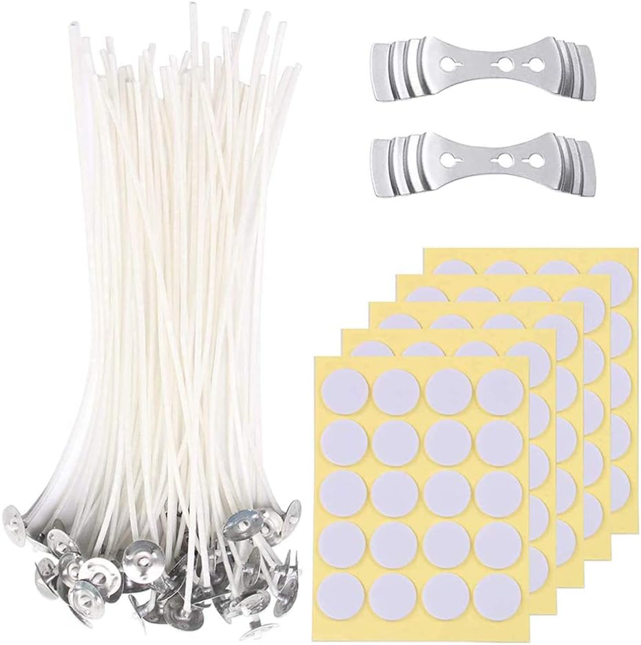 LJHSZ 202pcs Cotton Candle Wicks with Candle Wick Stickers and Centering Device for DIY Candles Craft, Candle Making Kit (6 inch)