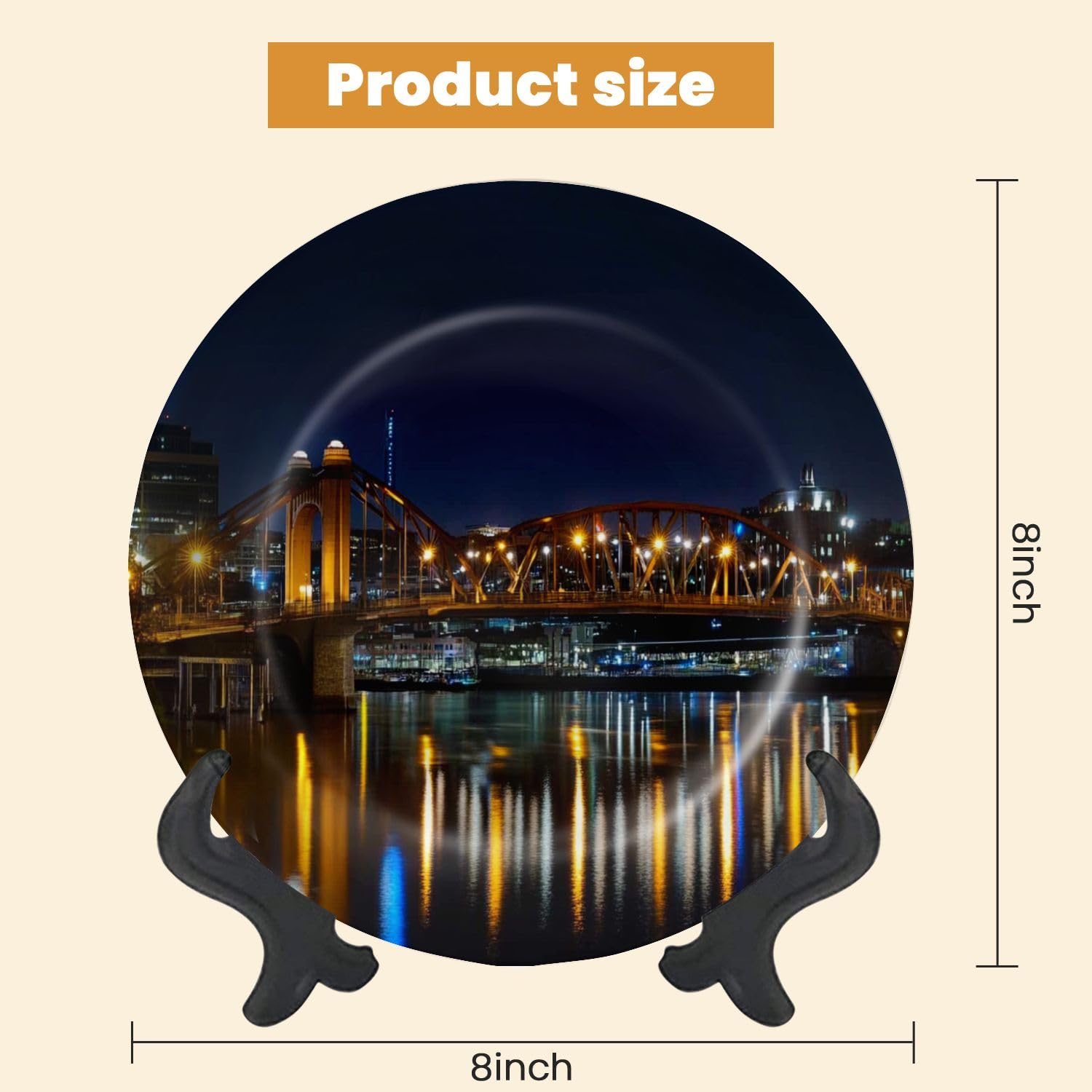Decorative Plates for Display Night view bridge Allegheny River PNC Park Pittsburgh Gift Plates Ceramic Collections Plates Hanging Artwork for Living Dining Room Kitchen Souvenir