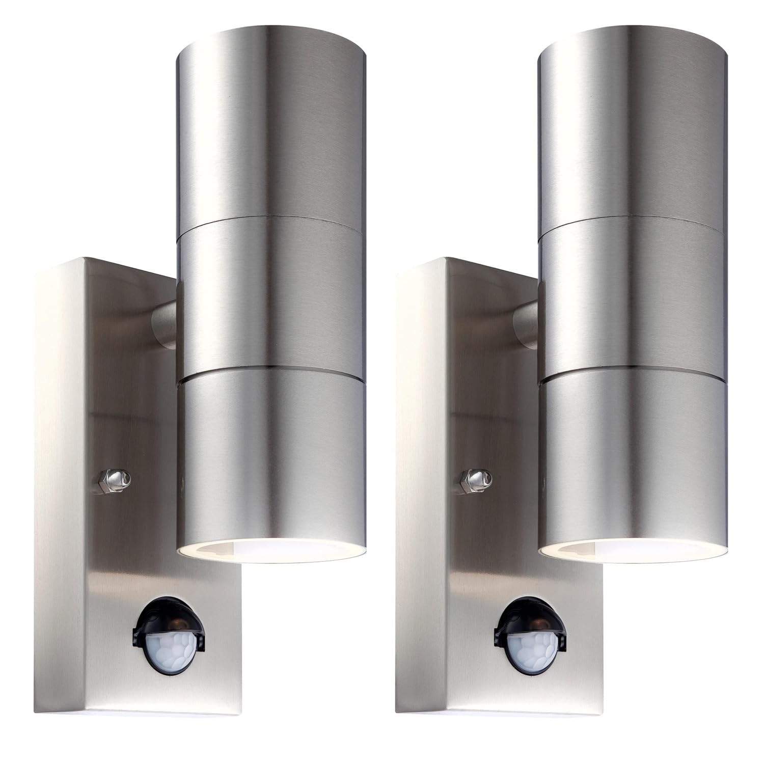 firstchoicelighting Set of 2 Stainless Steel Outdoor Security Lights Up Down Twin Wall PIR Motion Sensor IP44 Light LED Compatible