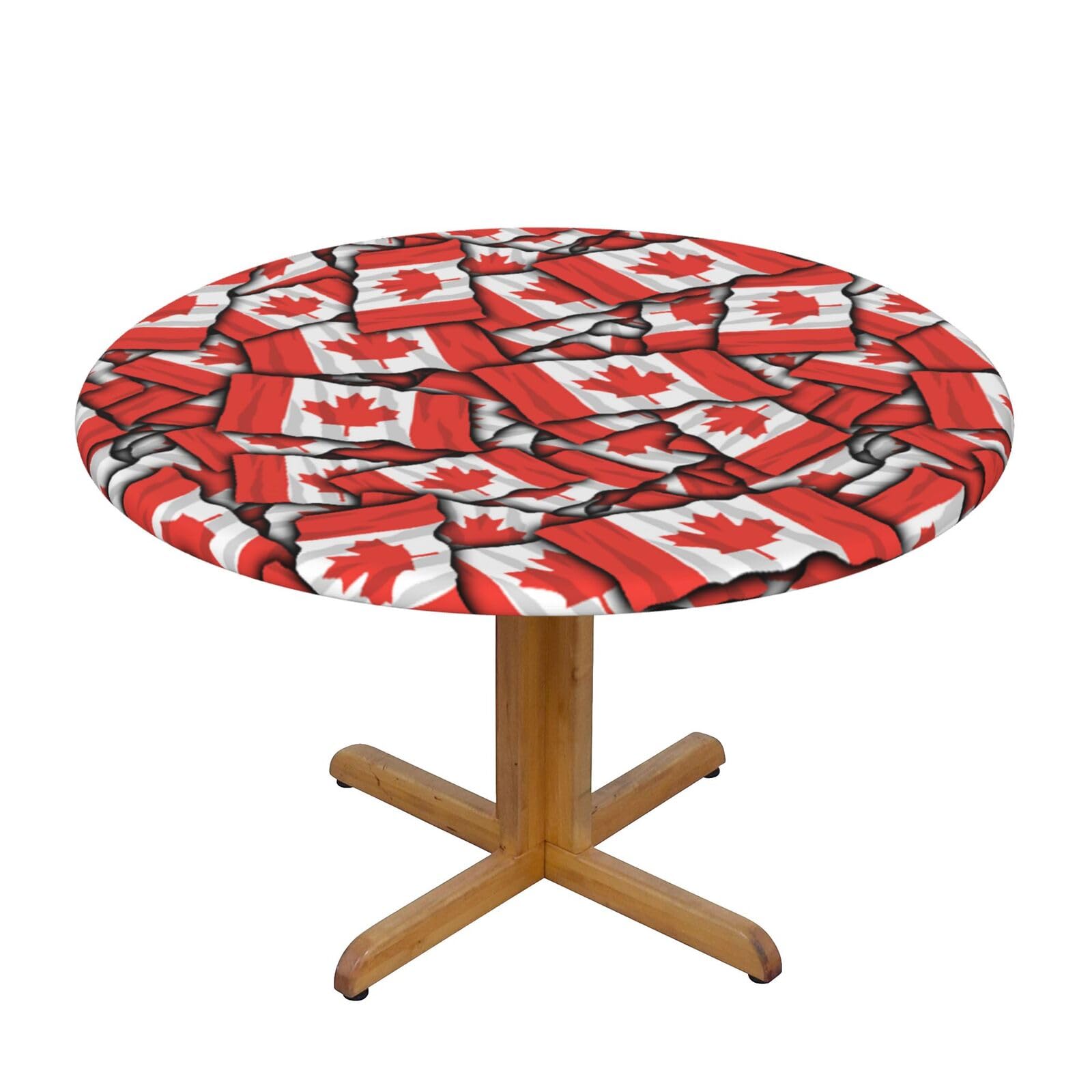 Ffshkowe Canadian Flag Elastic Round Tablecloth Oil Proof Table Cover For Dining Party Picnic