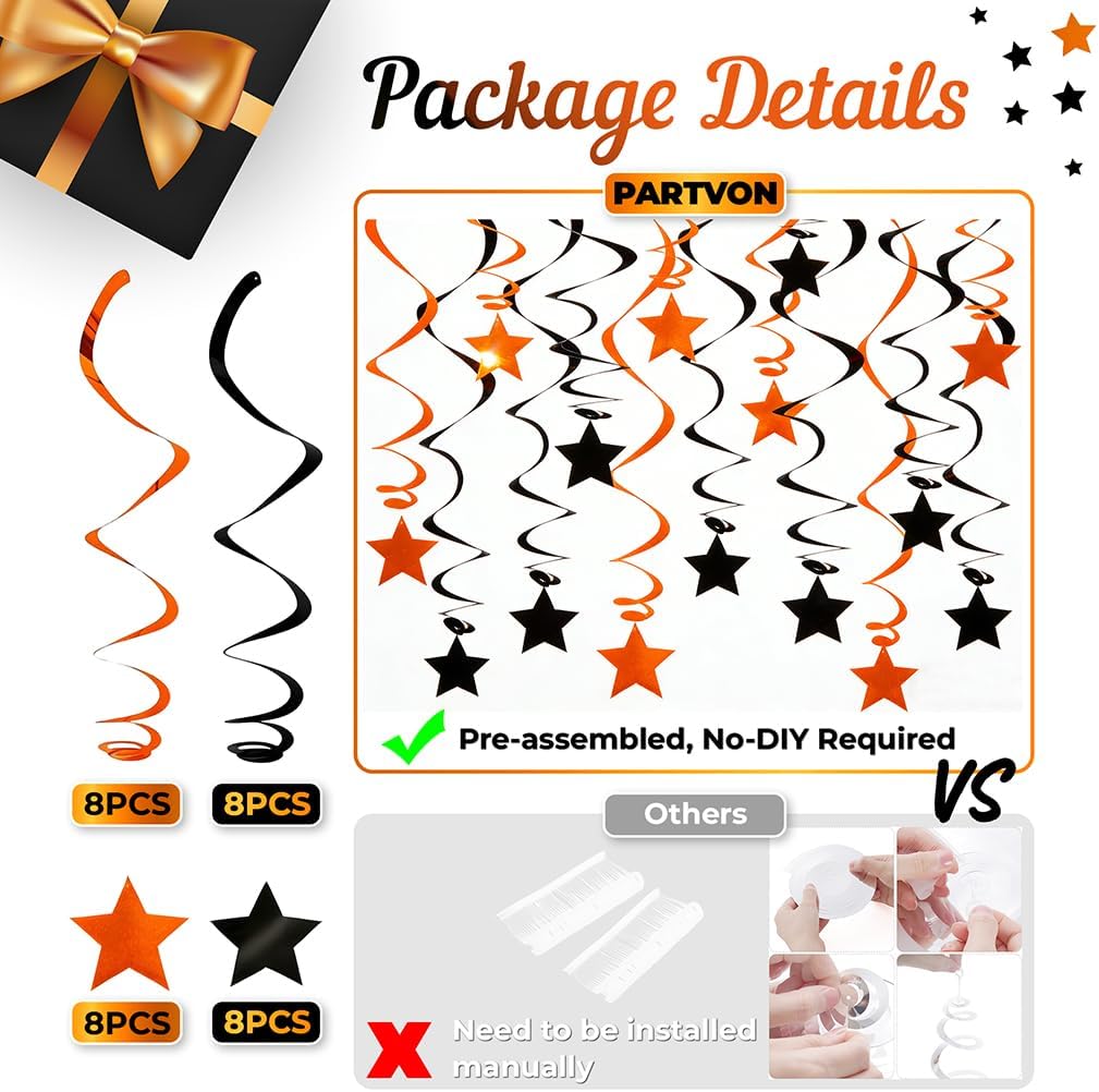 Orange Black Hanging Swirl Decorations - 32 Pcs Metallic Ceiling Swirls with Foil Stars, Plastic Streamers for Graduation, Halloween, Thanksgiving, Fall Autumn, Birthday, Sports Party Supplies image 3