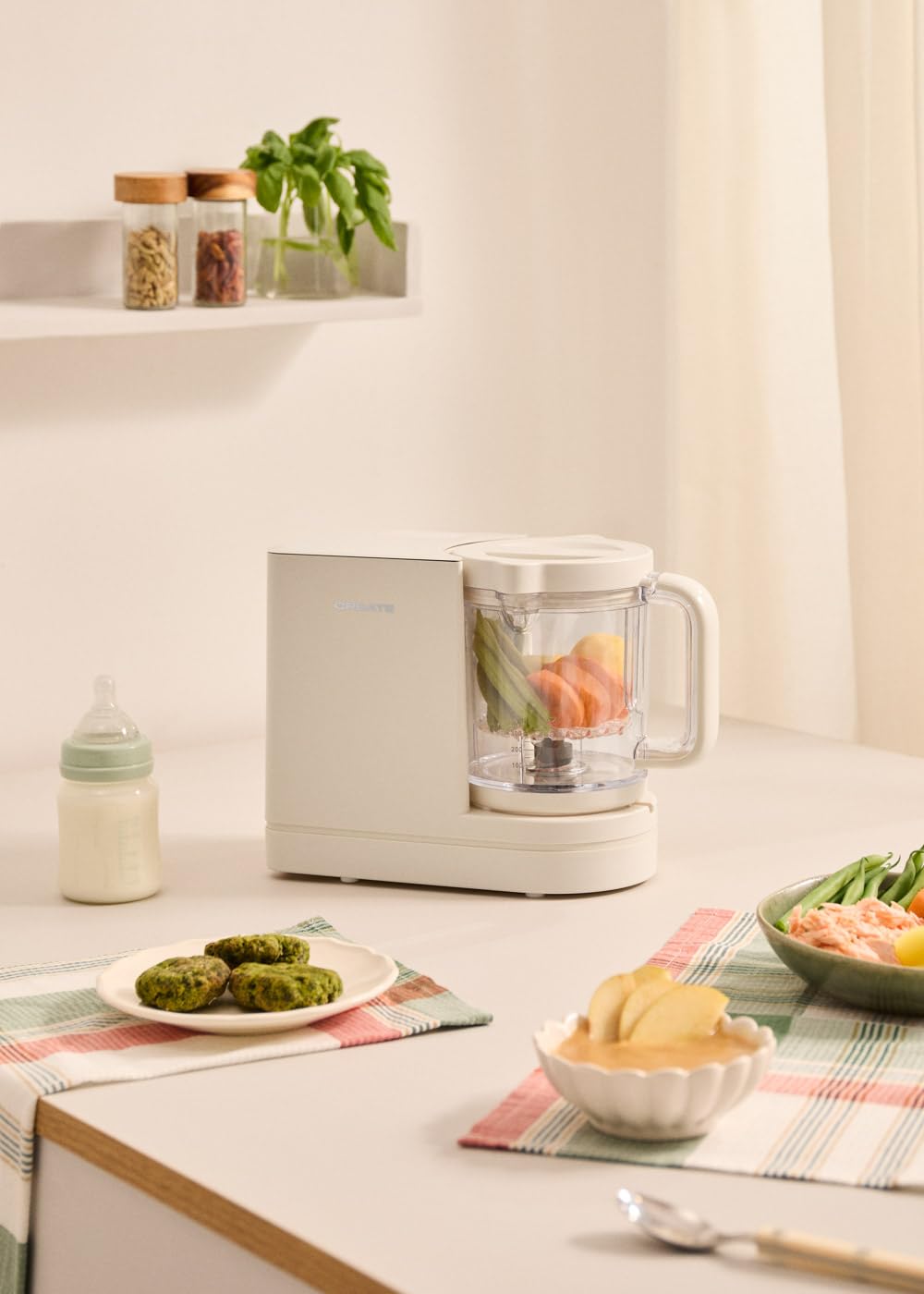 CREATE/BABY CHEFBOT/Robot de cocina esterilizador multifunción para bebés blanco roto/Libre de BPA, 6 funciones, programable, doble altura para biberones, 700W
