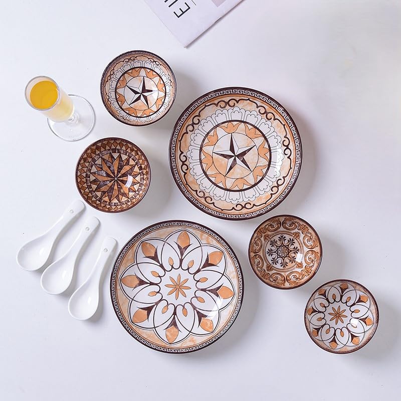 Image of 6-Piece Ceramic Dinner Set, 2 Plates & 4 Bowls, Microwave Safe, Dishwasher Safe, Floral Dinnerware (Vintage Style, 2 Plate & 4 Bowl Set)
