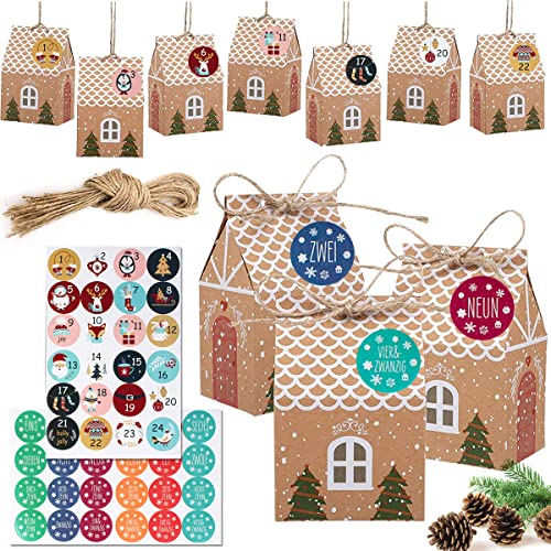 Adventskalender zum Befüllen, DIY Adventskalender 2022, Faltbare Häuschen mit 1-24 Zahlenaufklebern und Kordel für Weihnachten, Geschenkbeutel Weihnachtskalender Tüten, Weihnachtskalender Bastelset Cover