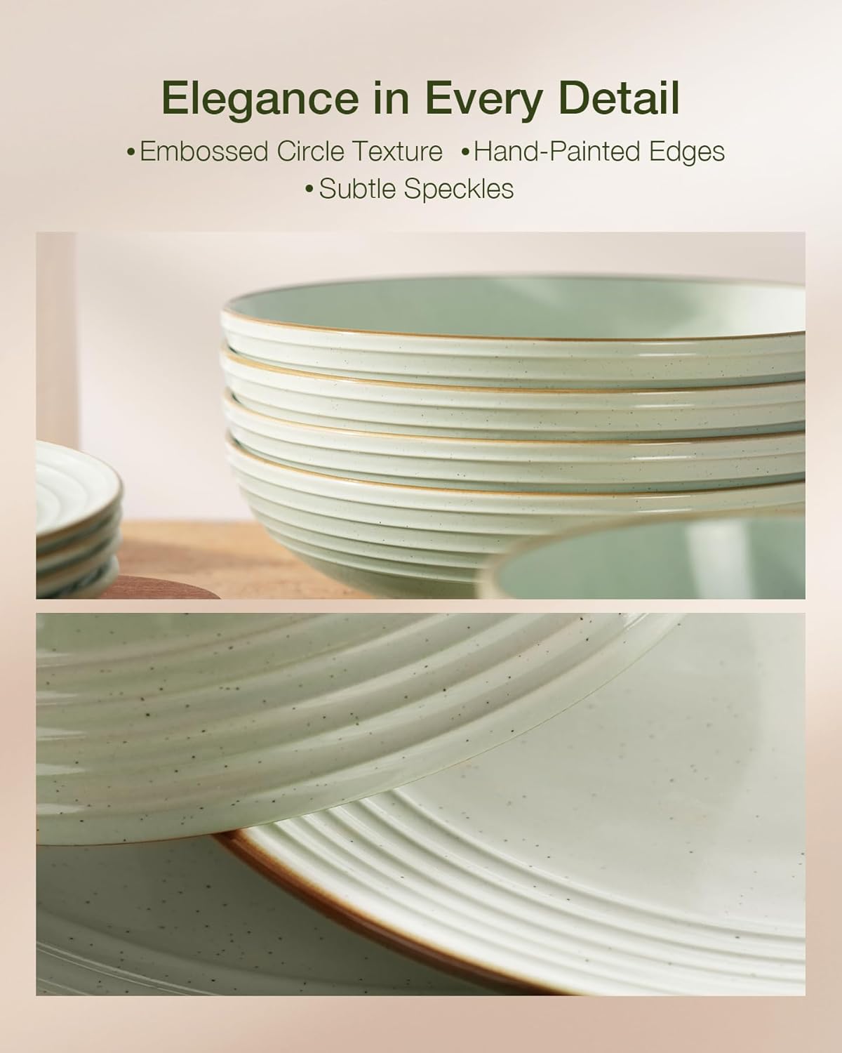 Famiware Jupiter Dinnerware Set, Plates and Bowls Dish Sets for 4 (12 Pieces), Speckled Stoneware Tableware wtih Trim - Microwave and Dishwasher Safe, Chip and Scratch Resistant, Light Green - Image 6