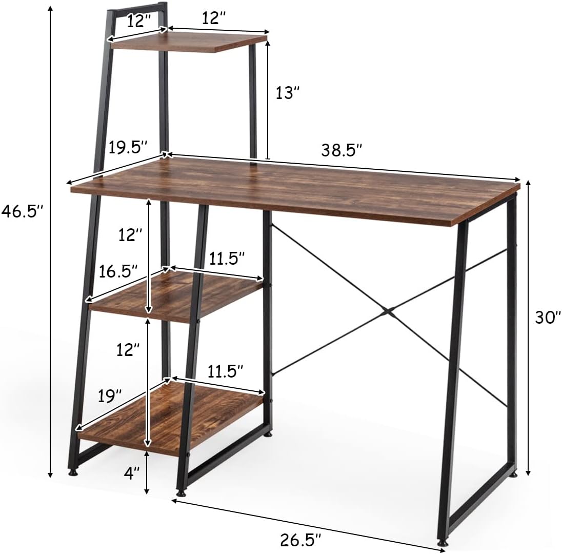 Tangkula Computer Desk with 4 Tier Shelves, Writing Desk Study Desk, Compact Computer Desk Workstation with X-Shaped Metal Frame & Adjustable Foot Pads, Home Office Desk (Brown)