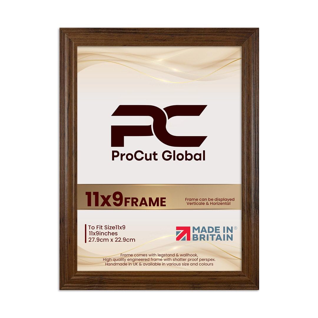 Procut Global 11X9 Walnut Picture Frames - Classic Wooden Photo Frame with Shatterproof Perspex for Wall or Tabletop - Perfect for Posters, Certificates & Prints - Sizes & Colors Available