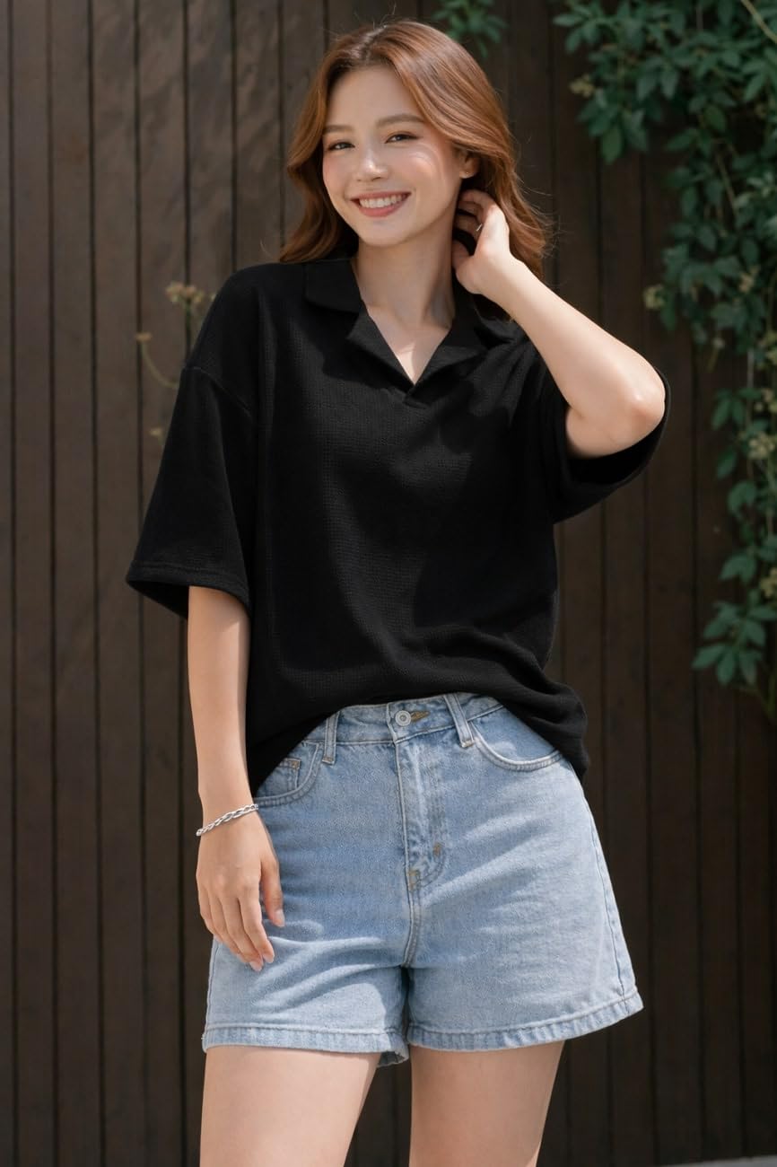 Zilcon Oversized Tshirts for Women V-Neck Summer Short Sleeve Casual Loose Top (Black_L (l)) 4