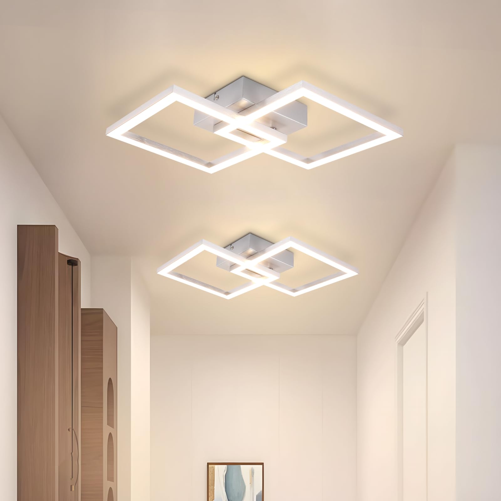 Homefire Deckenlampe LED Deckenleuchte Wohnzimmer - 2ER Modern Design Küchenlampe 24W Wohnzimmerlampe Flurlampe Warmweiß Schlafzimmerlampe Flur Deckenbeleuchtung Eckig Silber für Kinderzimmer Büro