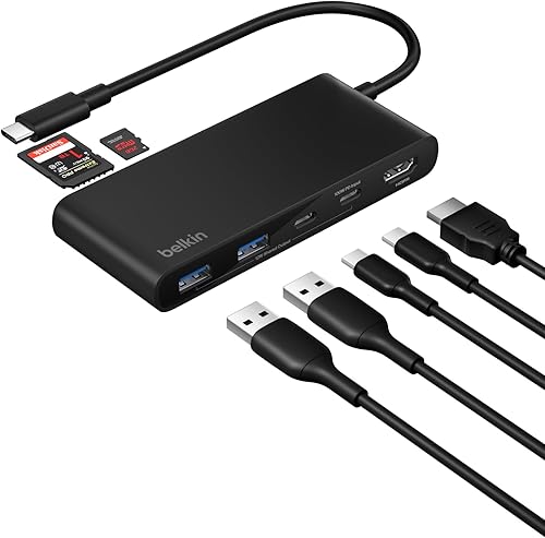 Belkin Concentrador USB C, concentrador de 7 puertos con pantalla HDMI 4K  60Hz, SD y MicroSD, entrega de energía de 100 W, transferencia rápida de