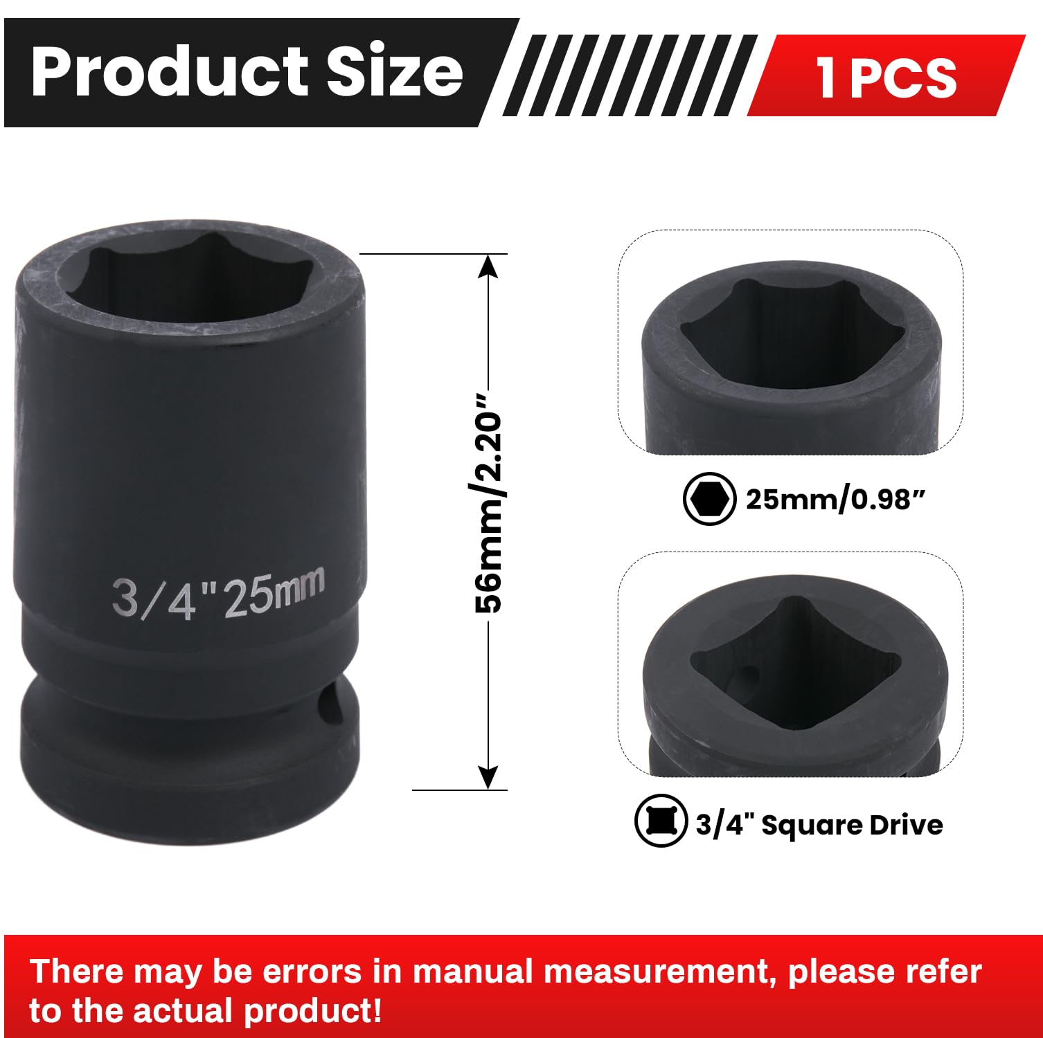 Deep 6-Point Impact Socket 3/4" Drive 25mm,Chrome Molybdenum Steel, Anti-Rust Metric Hex Socket for Car Repairs and Impact Wrench - Image 2