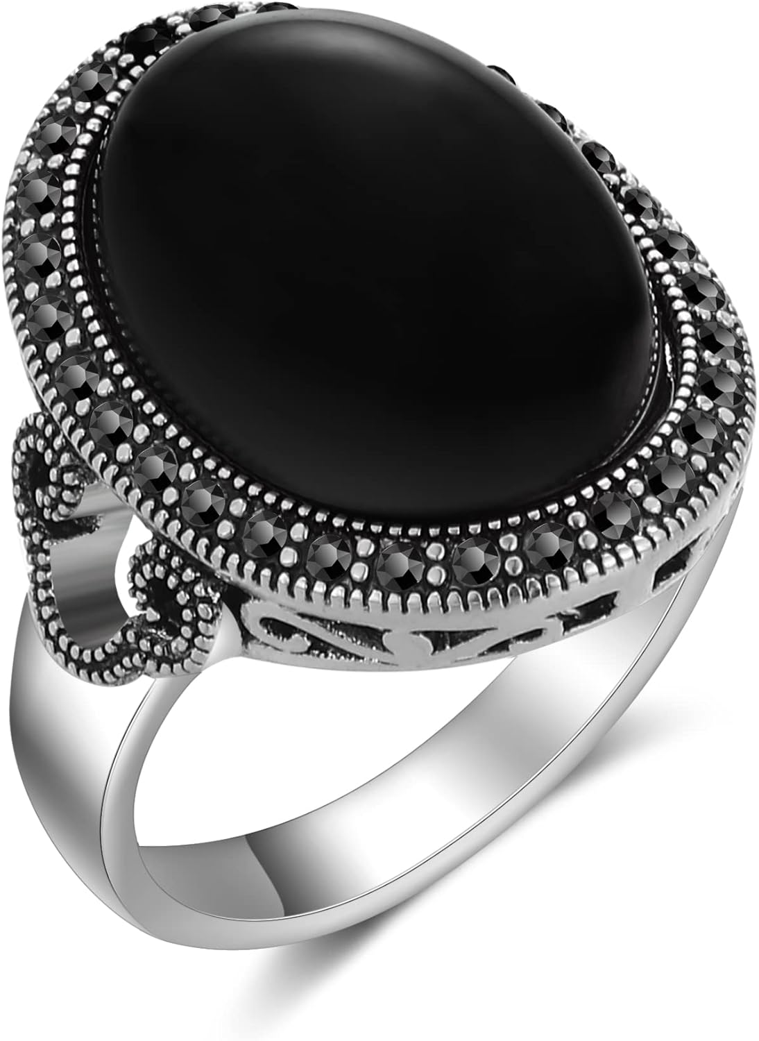 Mytys Retro Vintage Cocktail Statement Ring Black Marcasite & Crystal Rings for Women Antique Silver Big Black Onyx Stone Ring