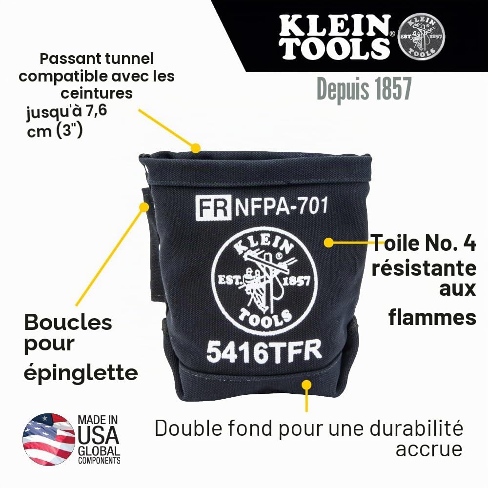 Klein Tools 5416TFR | Sac Porte boulons résistant au feu en Toile No. 4 | Dimensions 127 x 254 x 229 mm | Système 3 Poches pour Outils