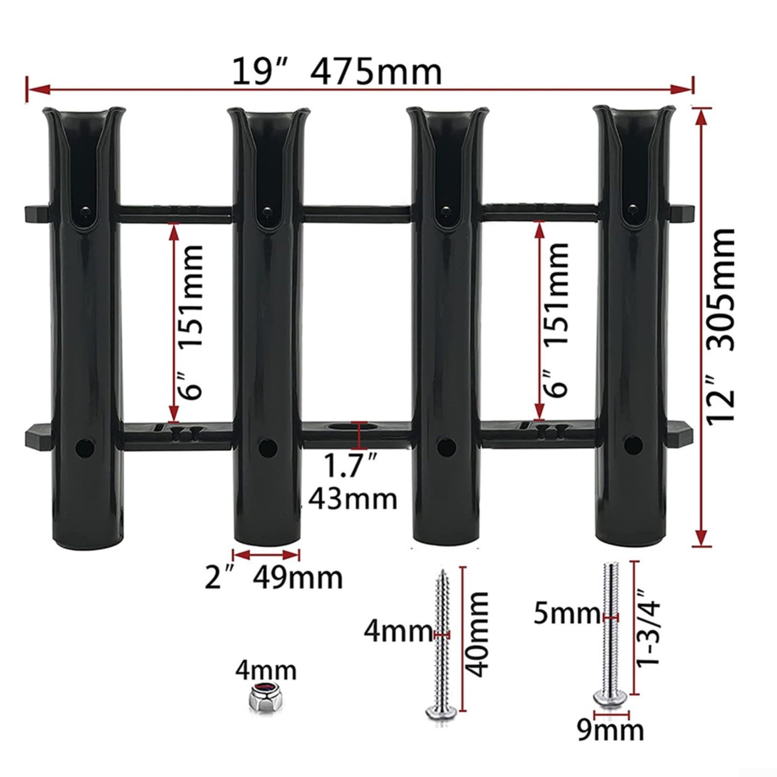 Confezione da 4 supporti per canna da pesca, montaggio a parete, in plastica, stabile, per yacht, kayak, uso marino, nero, 475 x 305 mm