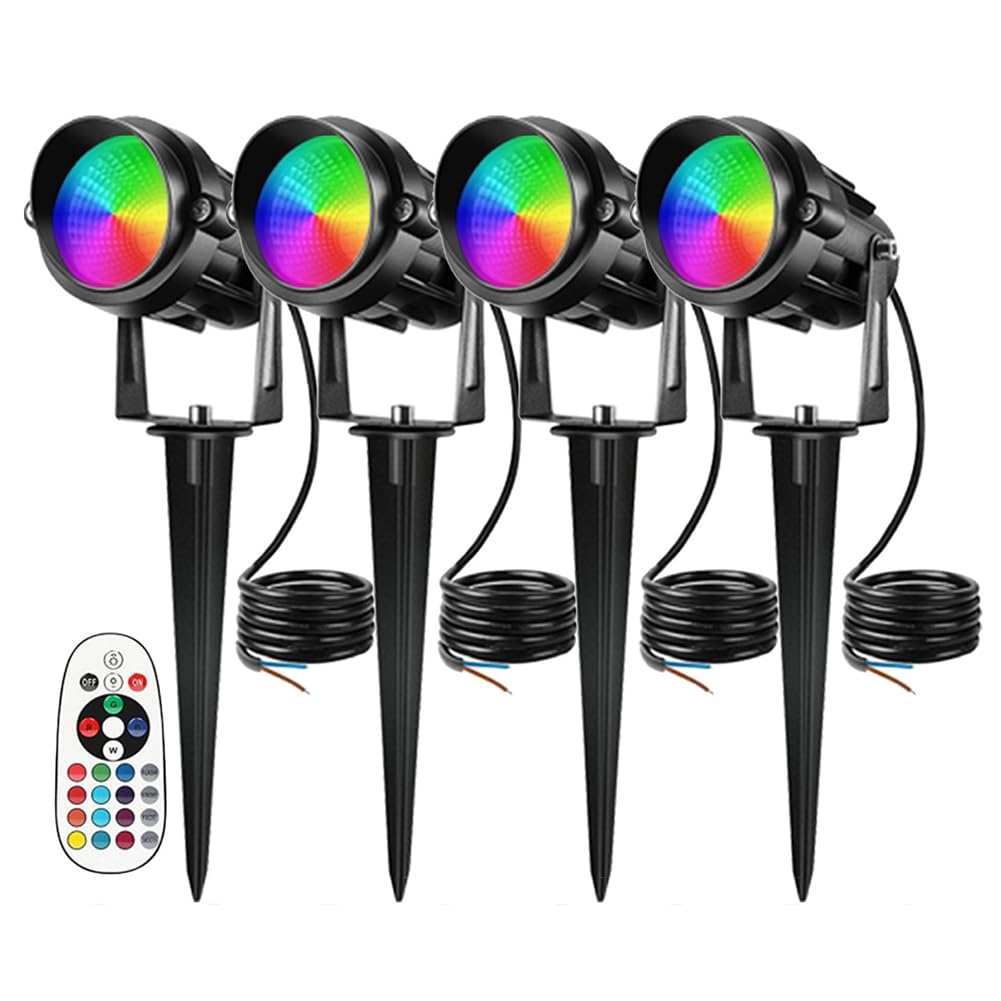 UDSKNV[KSL RGBW LED Landscape Lighting 10W with Remote Control Color Change Outdoor Spotlights IP65 Waterproof with Spike Mounting