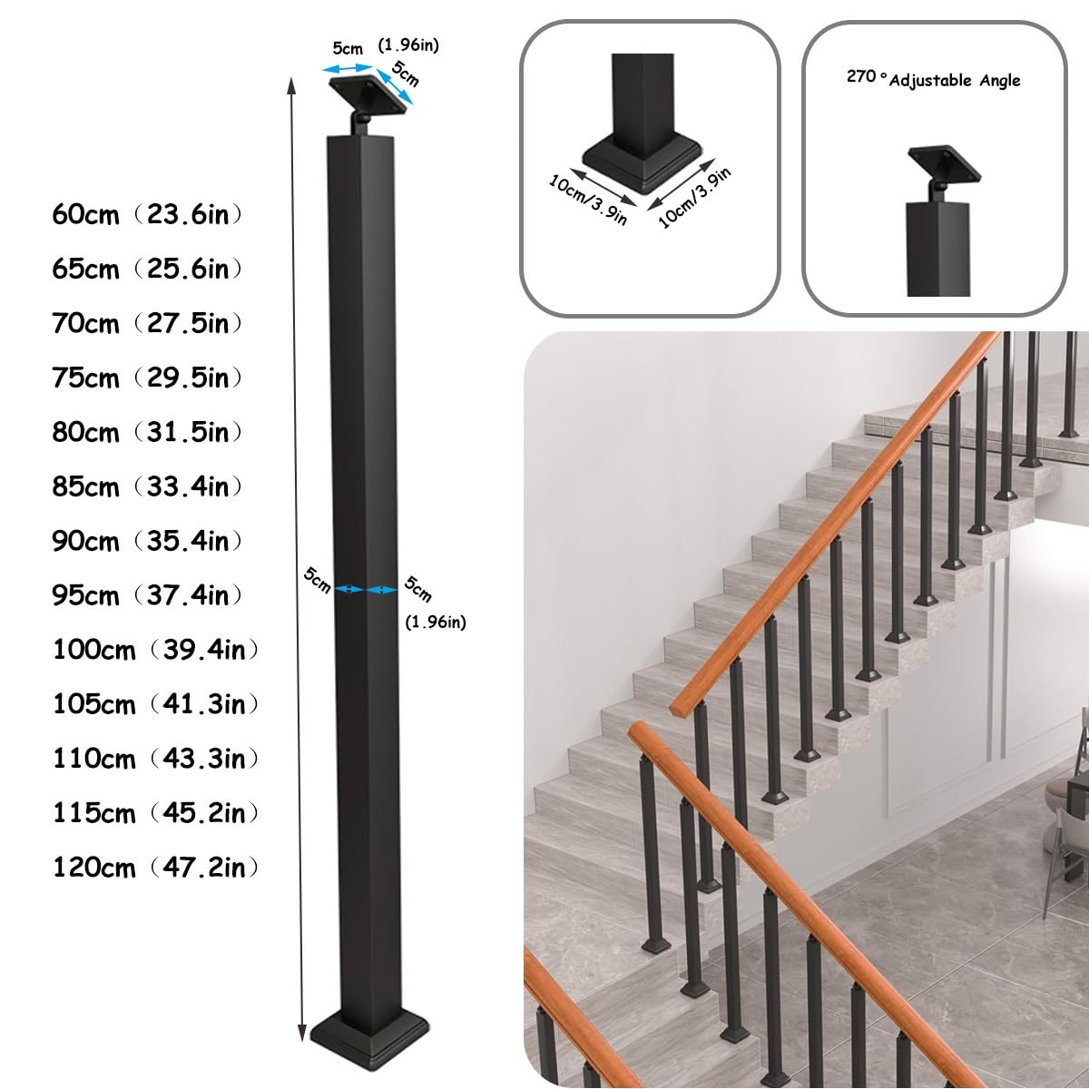 Colonna per scale interna regolabile a 270°, in ferro, per balcone, giardino, terrazza, ideale per hotel e ristoranti, altezza 70 cm, diametro 5 cm