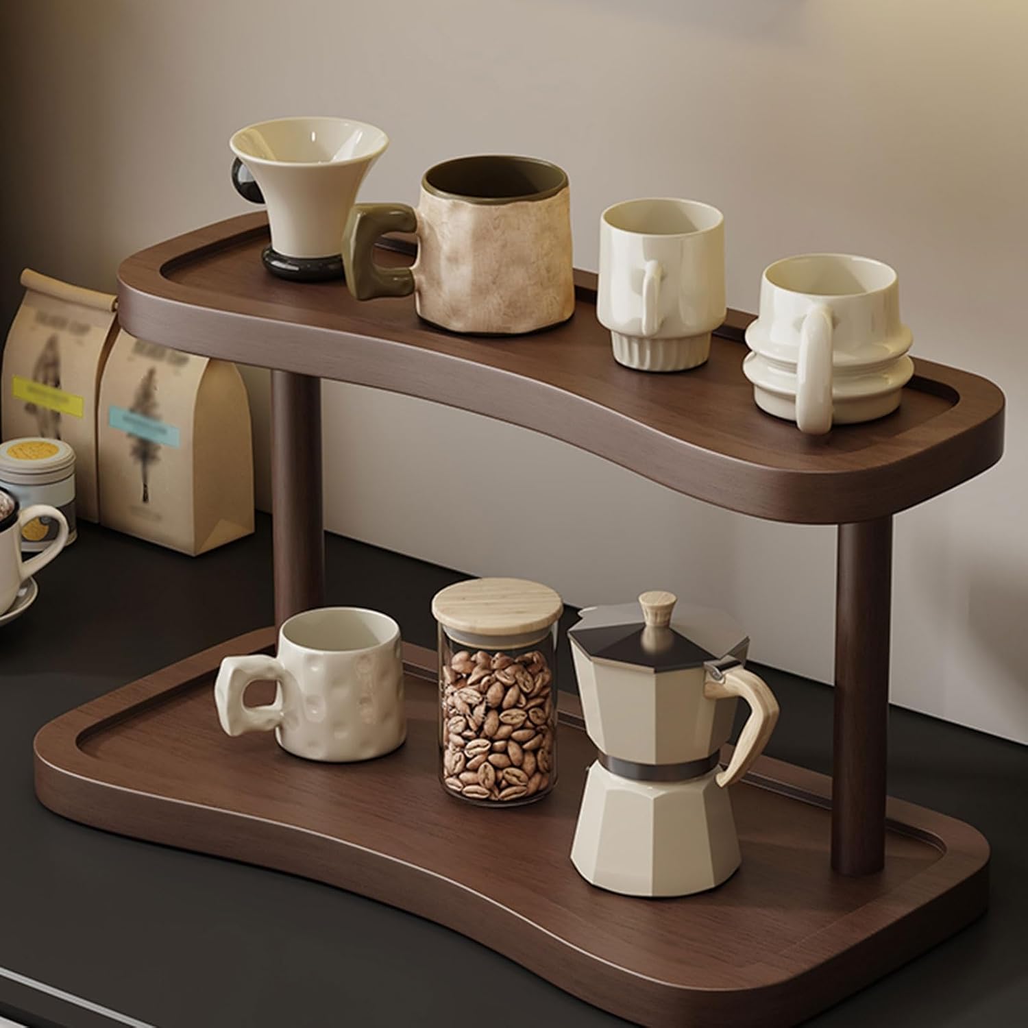 オープンシェルフ、二層棚ユニット、棚、小型棚、収納ラック、組み立て簡単、二層構造、棚の高さ調節可能、事務用品オーガナイザー、多機能(