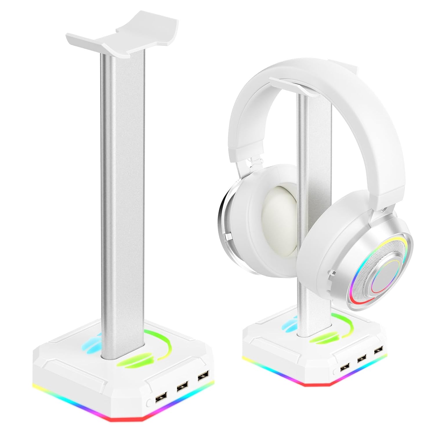 White Headphone Stand for Desk RGB Lights Headset Holder with 3 USB Port for Connect Keyboard Mouse Headset