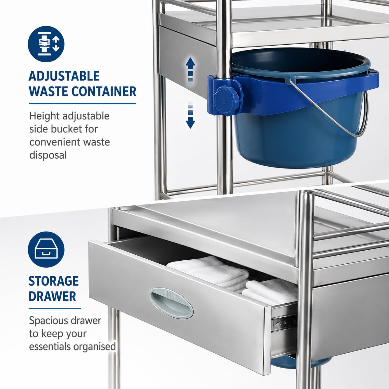 Carrello multiuso in acciaio inox con ruote di bloccaggio per uso medico e