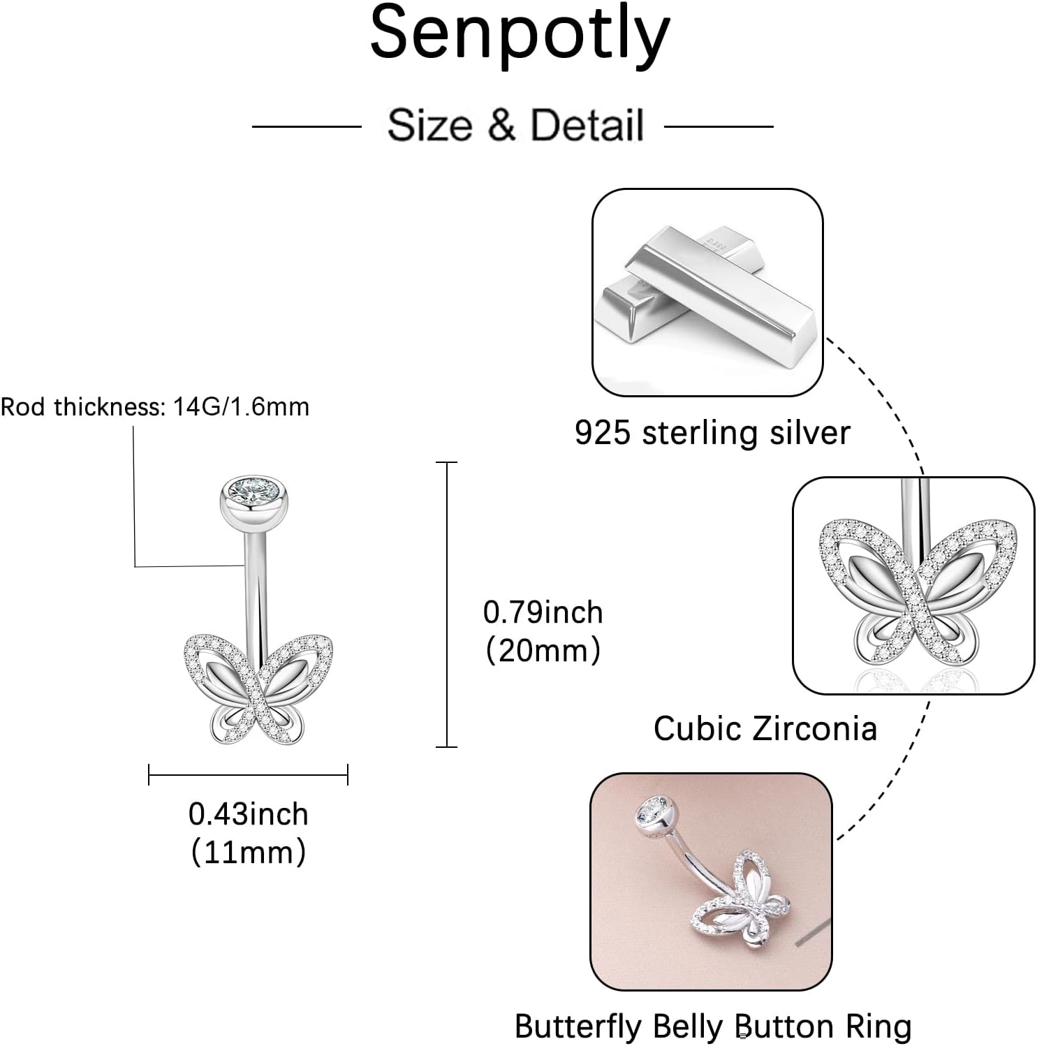 14G Butterfly Belly Button Rings for Women - 925 Sterling Silver Hypoallergenic Navel Ring Navel Barbell Stud Summer Beach Belly Button Stud Y2k Navel Piercing Jewelry - Image 6