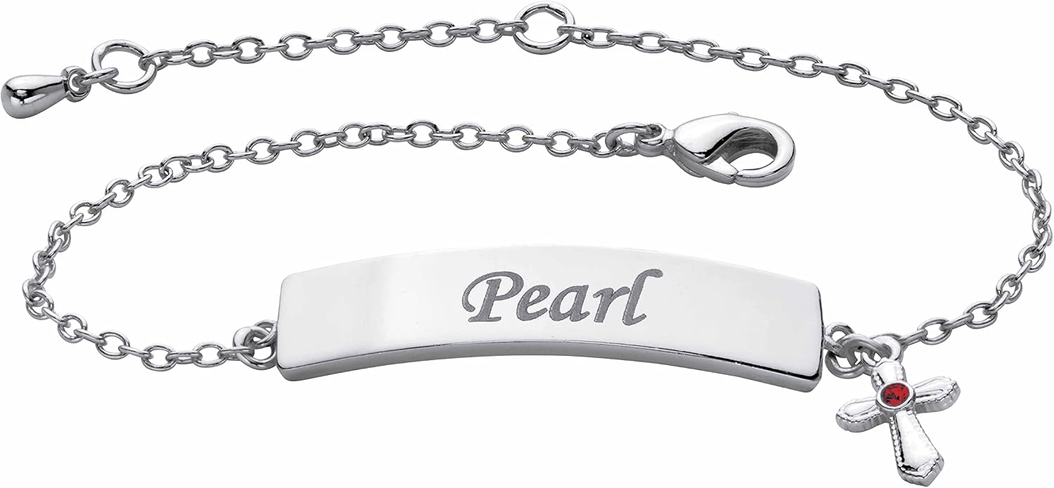 PalmBeach Platinum Plated Round Simulated Birthstone Cross Charm Personalized ID Bracelet, 6.5 inches plus 1 inch extension Month 1
