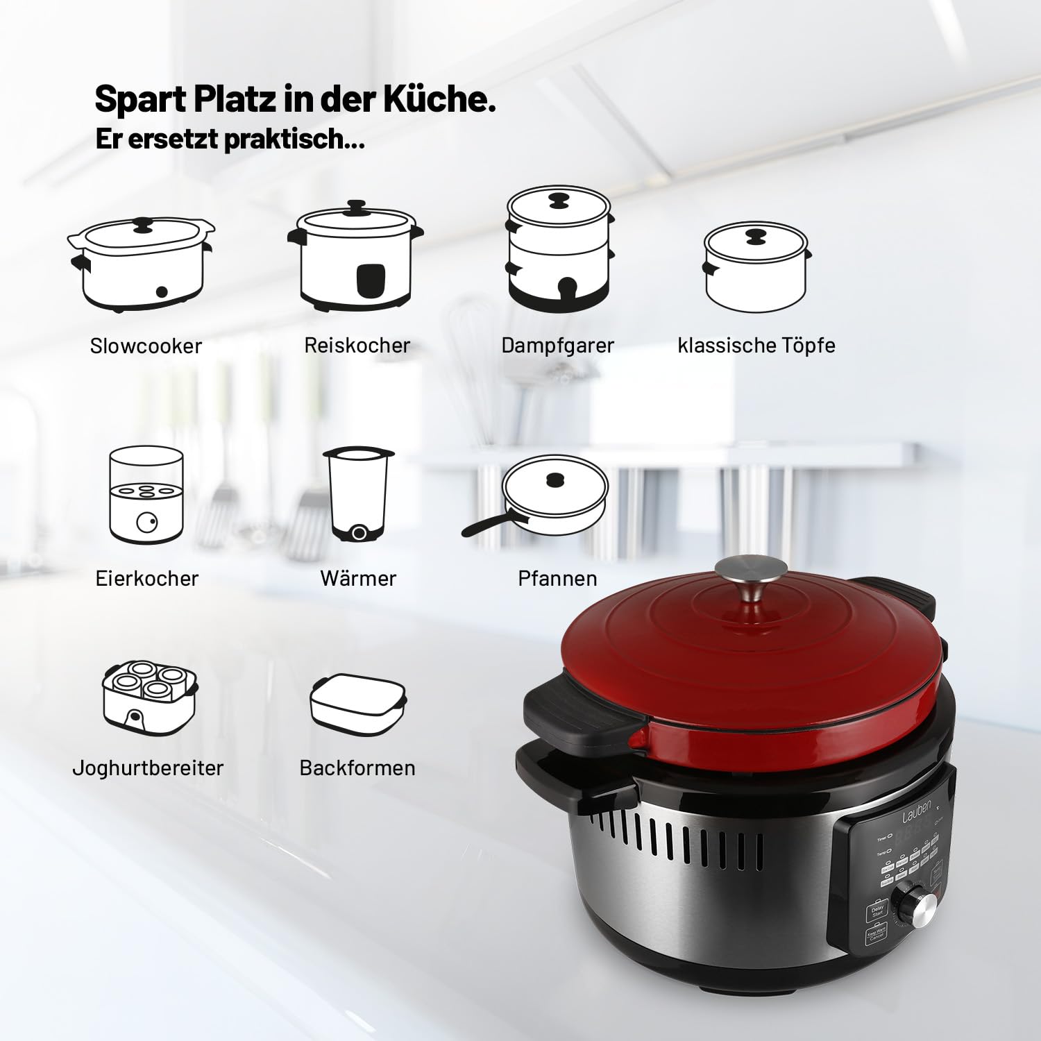 Lauben OvenSafe® Multikocher 6000RS Multifunktionaler Topf mit 6 l Fassungsvermögen, 10 Programme, gusseiserner Emaille-Topf OvenSafe® geeignet für Herd oder Backofen, spülmaschinenfest