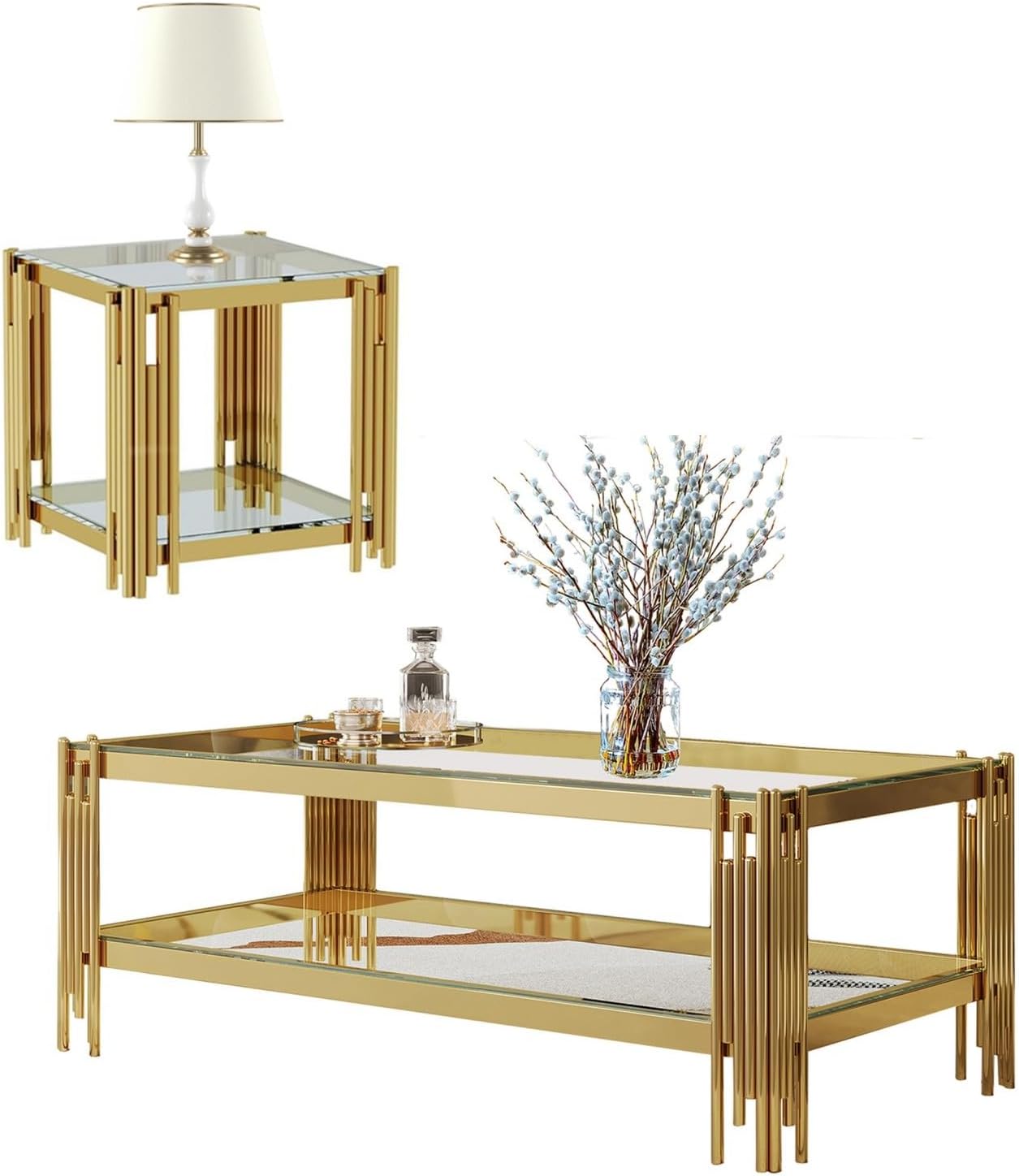 2 Piece Living Room Set - Glass Coffee & End Table With Tempered Top and Gold Stainless Steel Frame for Home Office, Luxury Side Tables