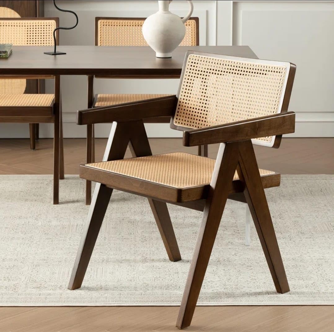 Solid Sheesham Wood Arm Chair with Cushion and Cane Back Support Chair Living Room Bedroom Home Wooden Armchair Furniture Garden Balcony Outdoor & Indoor Chair (Walnut with Cane)-image-0