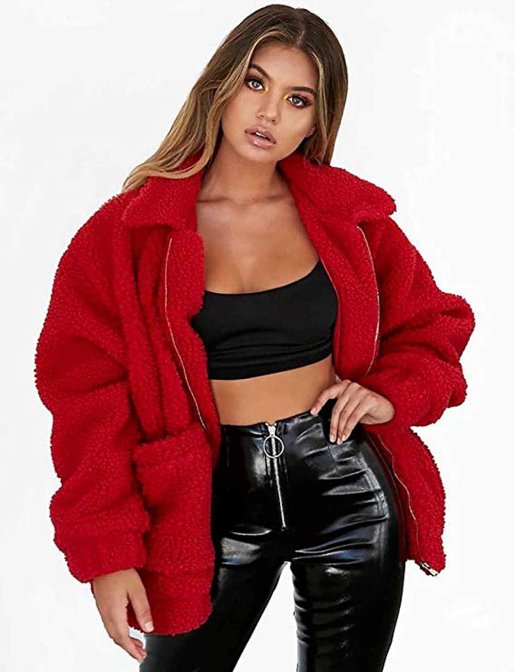 Comeon Women's Coat Casual Lapel Fleece Fuzzy Faux Shearling Zipper Coats Warm Winter Oversized Outwear Jackets - Image 2