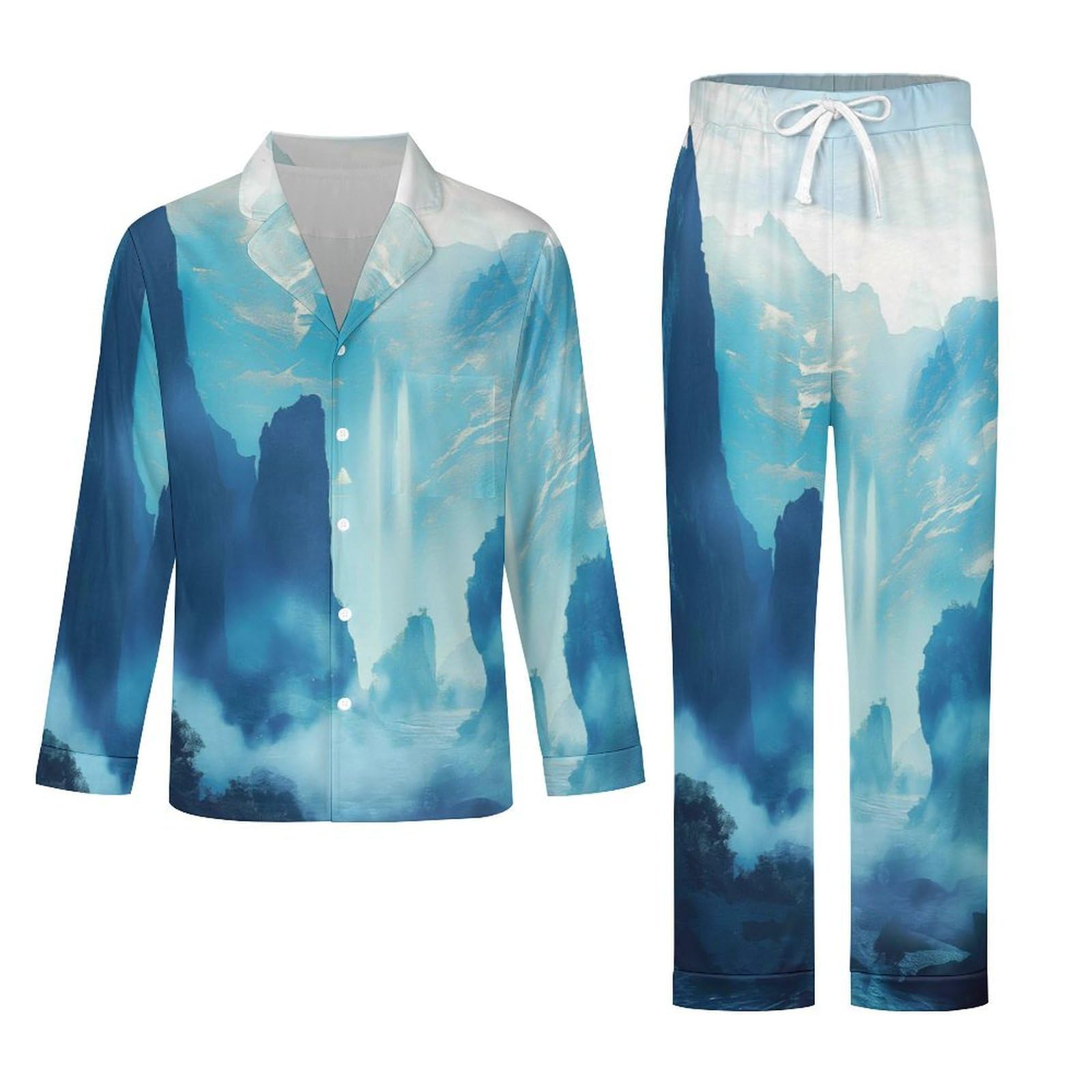 OLEETS Pigiama A Maniche Lunghe da Uomo - Paesaggio Montano Top E Pantaloni in 2 Pezzi Pigiama Casual E Ampio A Maniche Lunghe Morbido Autunnale E Invernale.