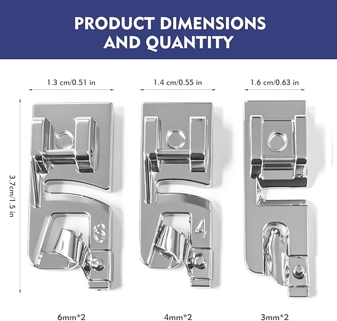 Set 3 Pies Prensatela para Dobladillo 3mm 4mm 6mm Acero Inoxidable Universal miniatura 3
