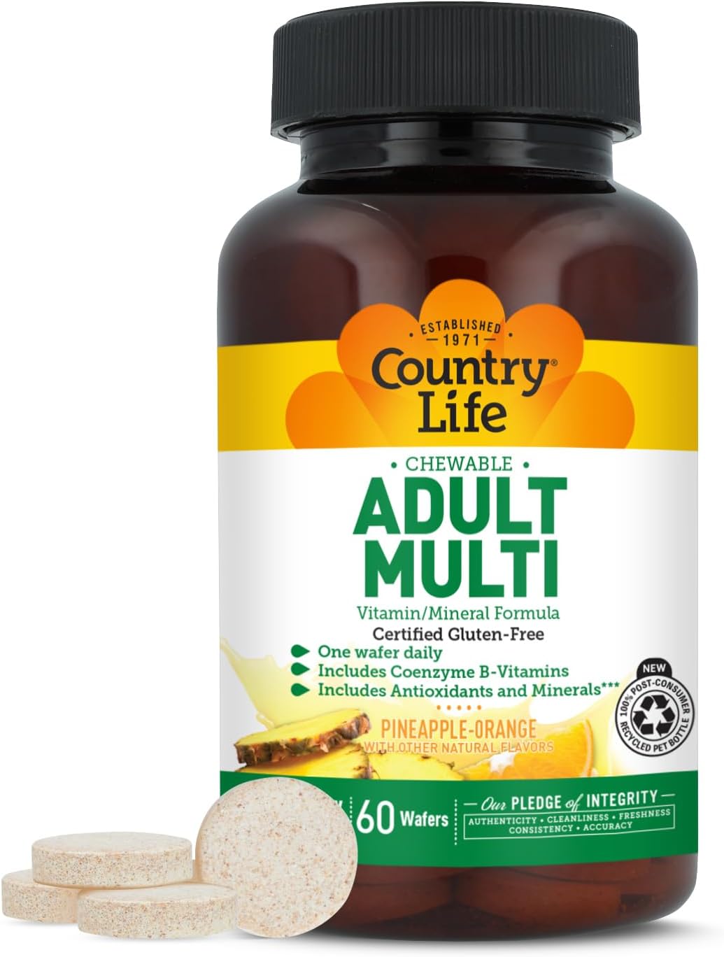 Adult Chewable Multivitamin with Coenzyme B-Vitamins, Antioxidants, Minerals, Pineapple-Orange Flavor - Supports Energy Metabolism and Immune Health, Gluten Free - 60 Wafers