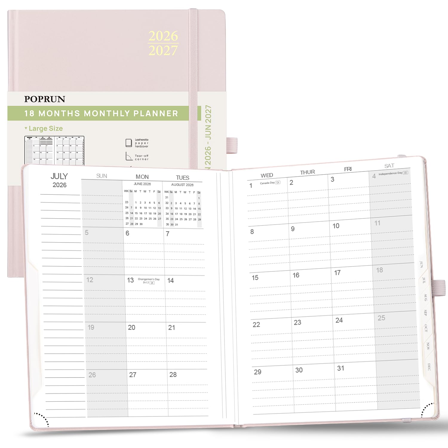 POPRUN Monthly Planner 2026-2027, Large-8'' x 10'', 18-Month Calendar Book (Jan.26 - Jun.27), Calendar Planner with Monthly Tabs, Storage Pocket, Hardcover, 100 GSM Paper - Light Pink Light Pink B5 Size-10" X 8" Jan.2026-Jun.2027