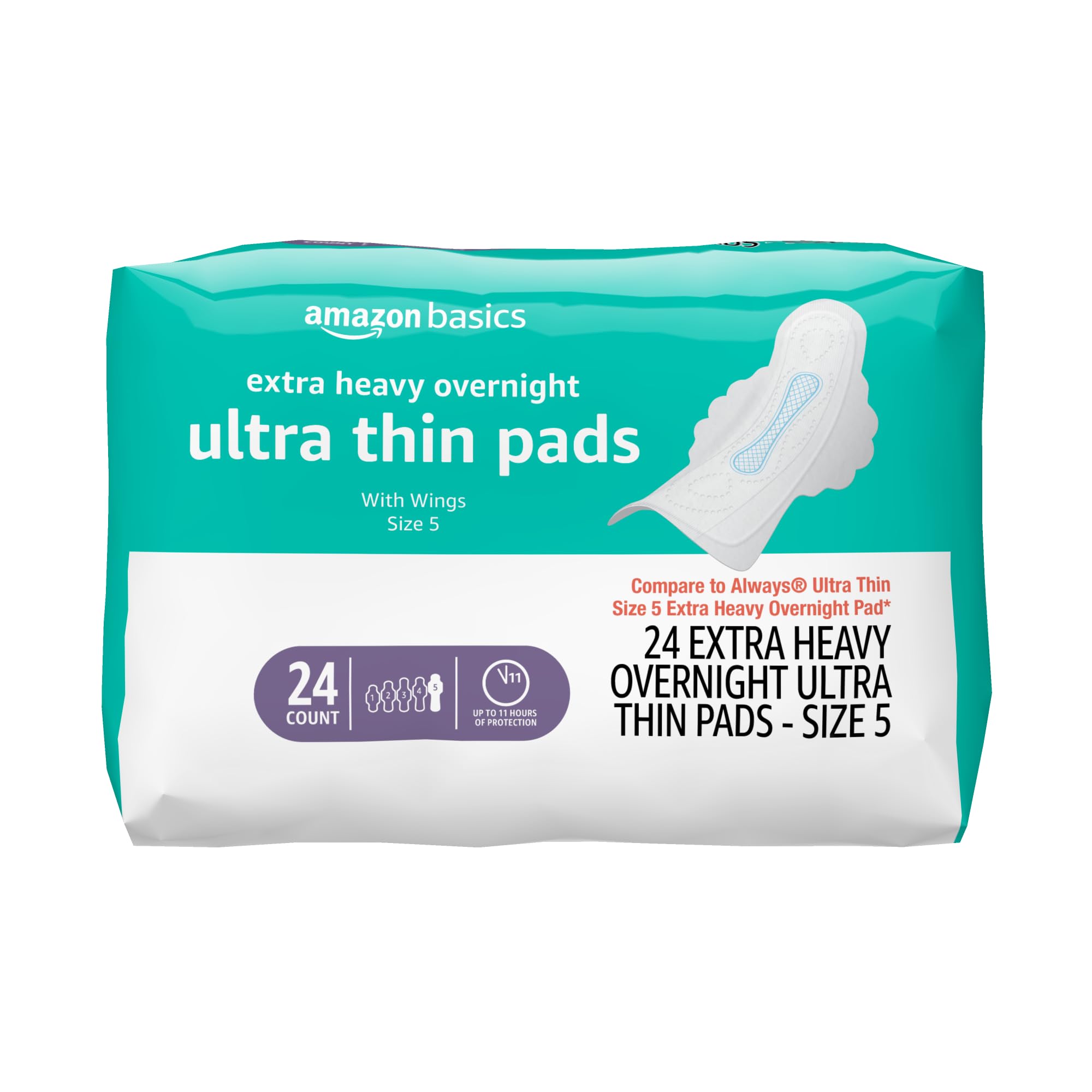 Extra Heavy Overnight Feminine Pads for Women with Long-Lasting Coverage, Ultra Thin with Flexi-Wings, Secure Fit, Unscented, Size 5, 24 Count
