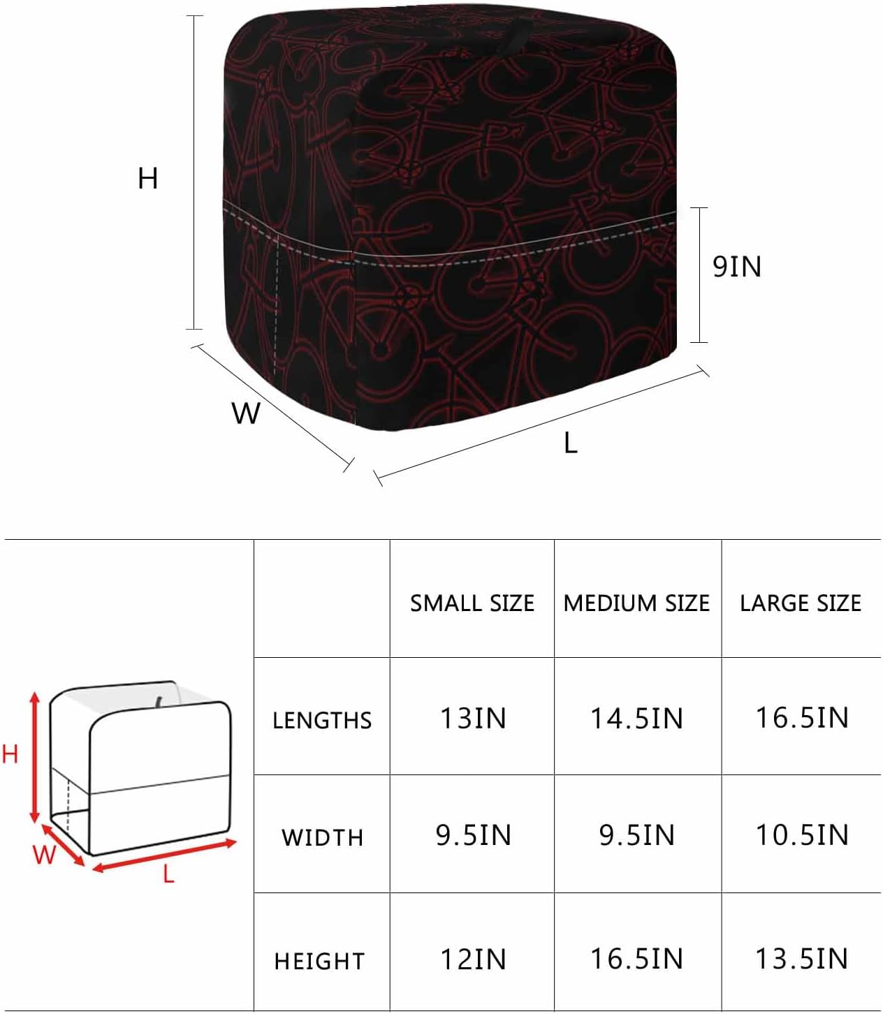 Red Black Bicycles Stand Mixer Cover with Storage Pocket, Waterproof Kitchen Mixer Covers, Hand-drawn Vehicle Modern Art Kitchen Appliance Dust Cover Compatible with 5-8 Quart Mixers