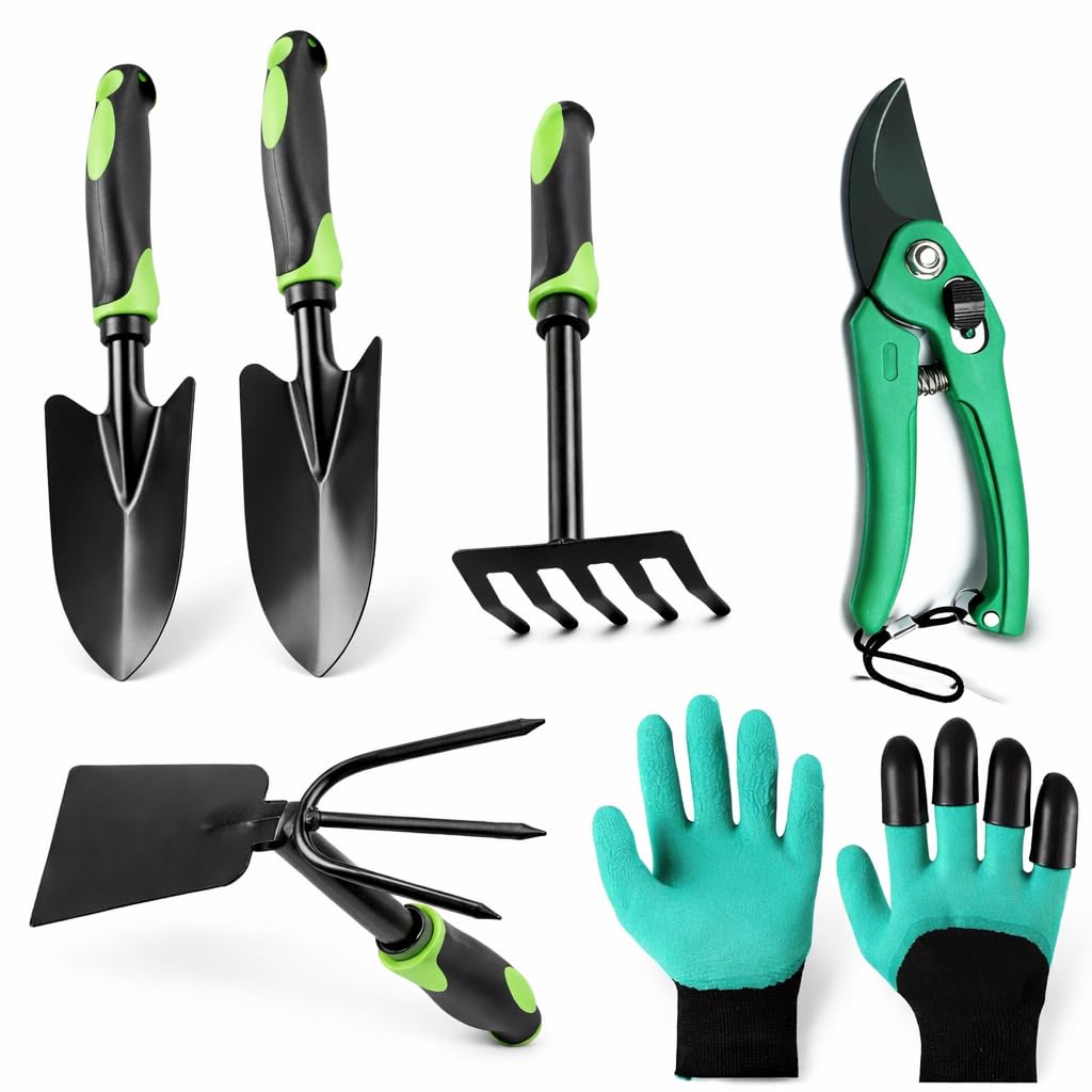 6 Piece Garden Tools Set with Pruner and Claw Gardening Gloves, Wide and Narrow Trowels, Hand Rake and Hoe for Transplanting, Weeding, Loosening Soil, Pots, Flower Beds and Balcony Boxes（6PC）