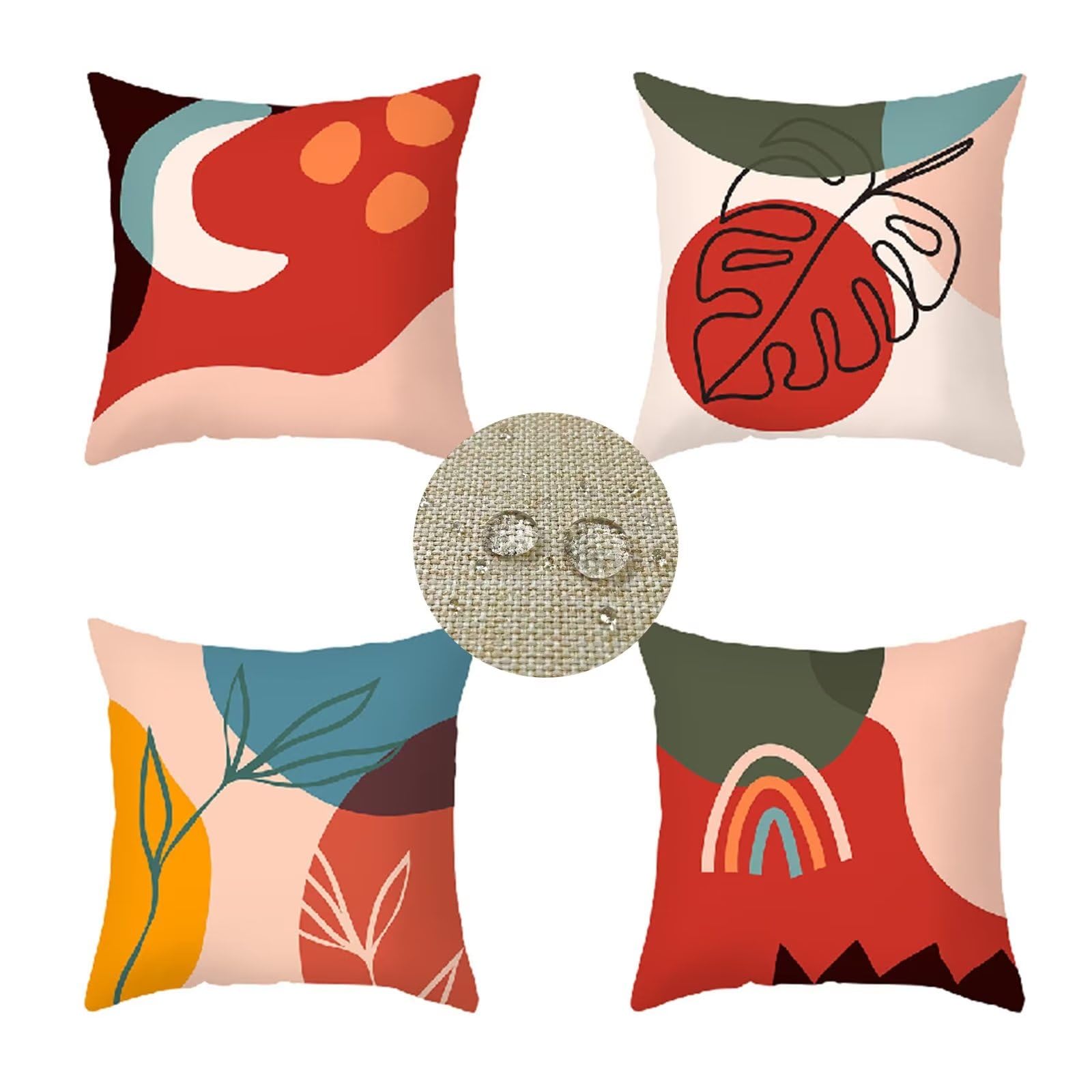 Federe Cuscini Divano 55x55 Set di 4 Cuscini per Divano impermeabile Lino Esterno Cuscini Decorativi Foglia astratta Motivo Cuscini Divano, Soggiorno Letto Estate giardino Copricuscino (Rosso) JW-3967