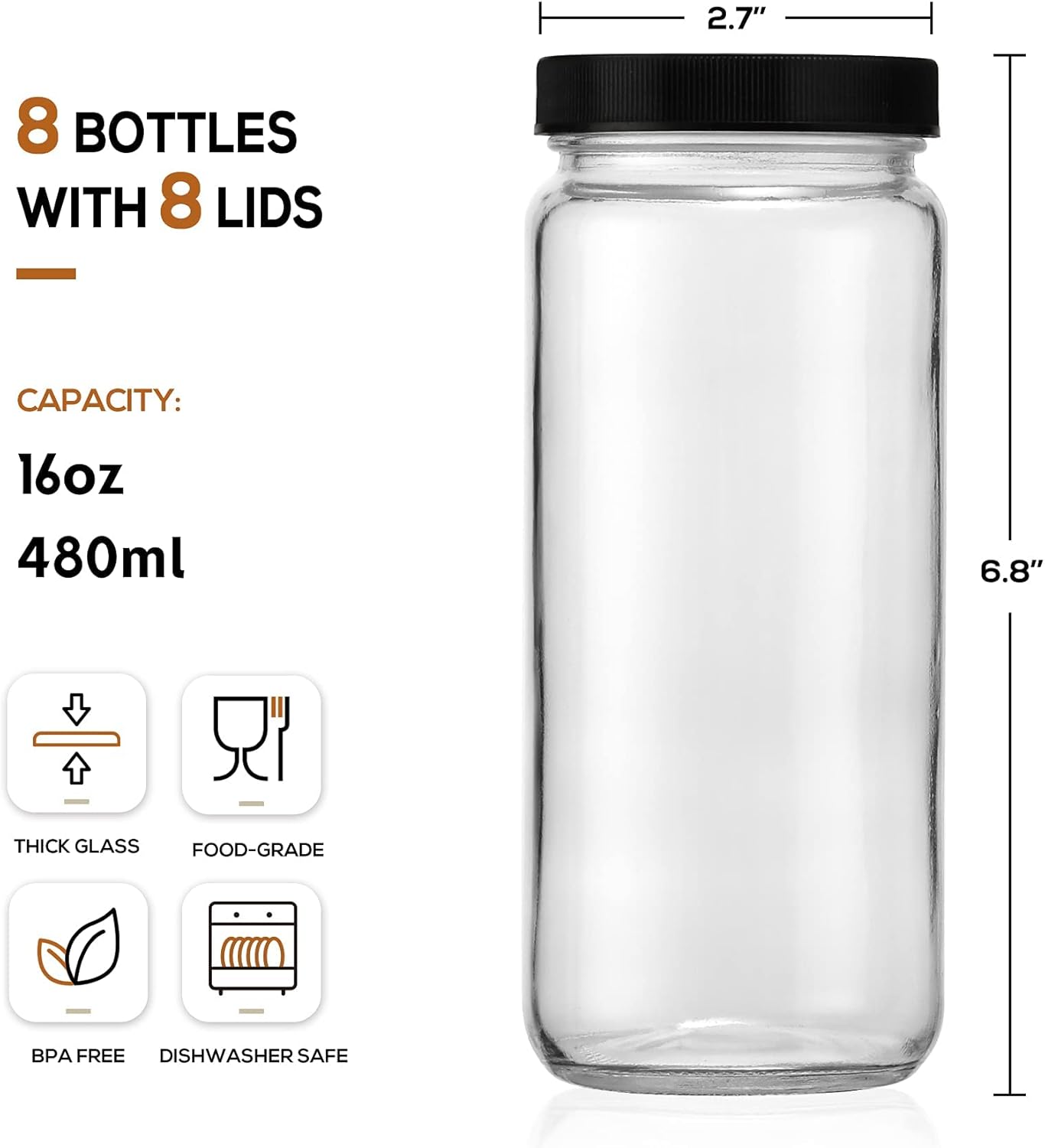 [ 8 Pack ] Glass Juicing Bottles with 2 Straws & 2 Lids w Hole- 16 OZ Travel Drinking Jars, Water Cups with Black Airtight Lids, Reusable Tall Mason Jar for Juice, Bubble Tea, Smoothie, Tea, Kombucha - Image 2