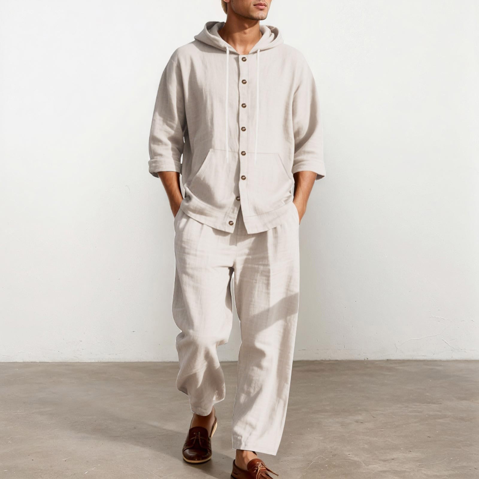 Tuta da uomo 2 pezzi in lino con cappuccio, camicia e pantaloni, tuta da