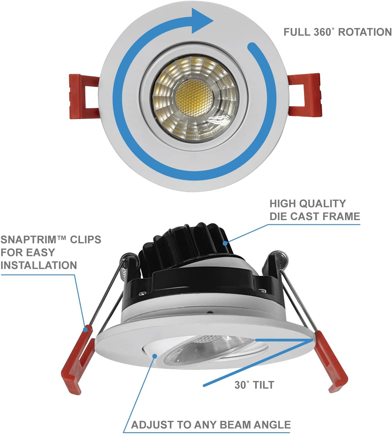 3 Inch Adjustable Gimbal LED Round Canless Recessed Lights White Trim (4 Pack), 5 CCT: 2700K - 5000K Selectable, 8 Watt 600 Lumens, CRI 90, Recessed LED Lights, Dimmable, 5000K Day Light